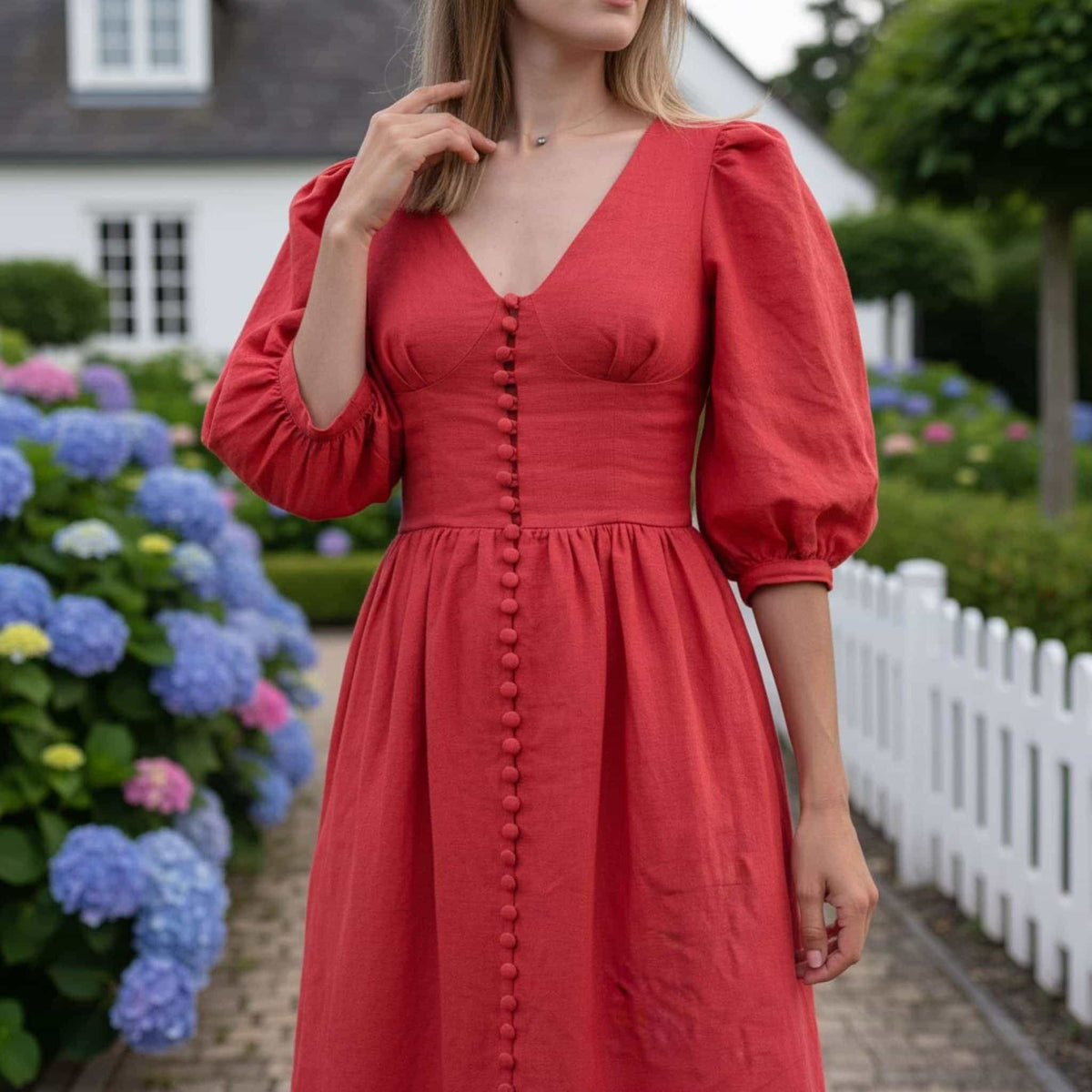 V Neck Linen Maxi Dress, Puff Sleeve Linen Long Dress