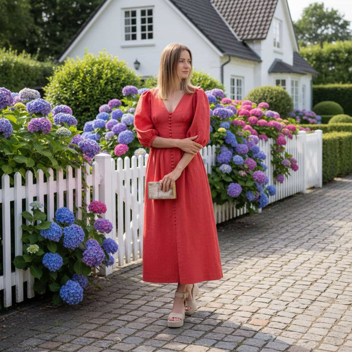 V Neck Linen Maxi Dress, Puff Sleeve Linen Long Dress