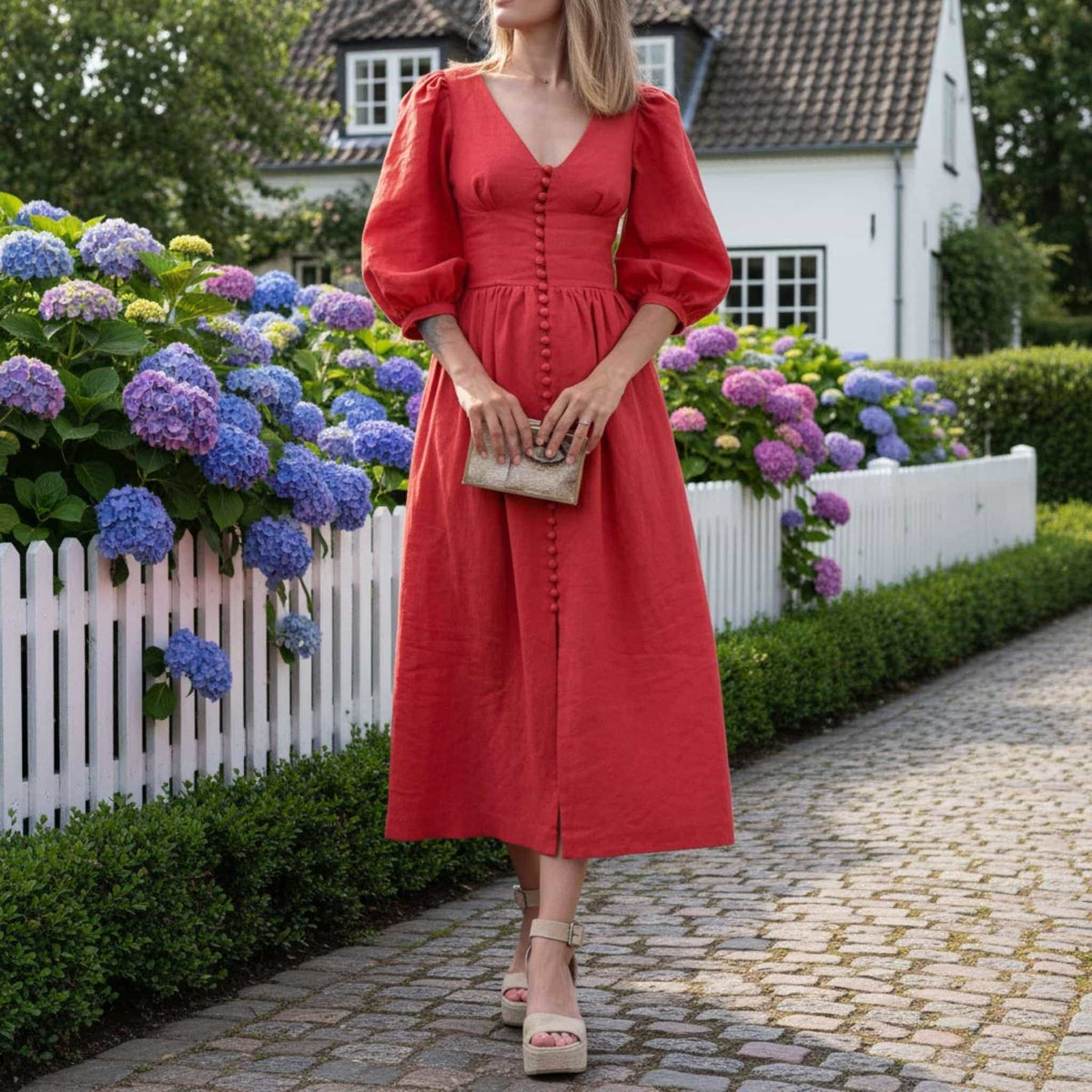 V Neck Linen Maxi Dress, Puff Sleeve Linen Long Dress