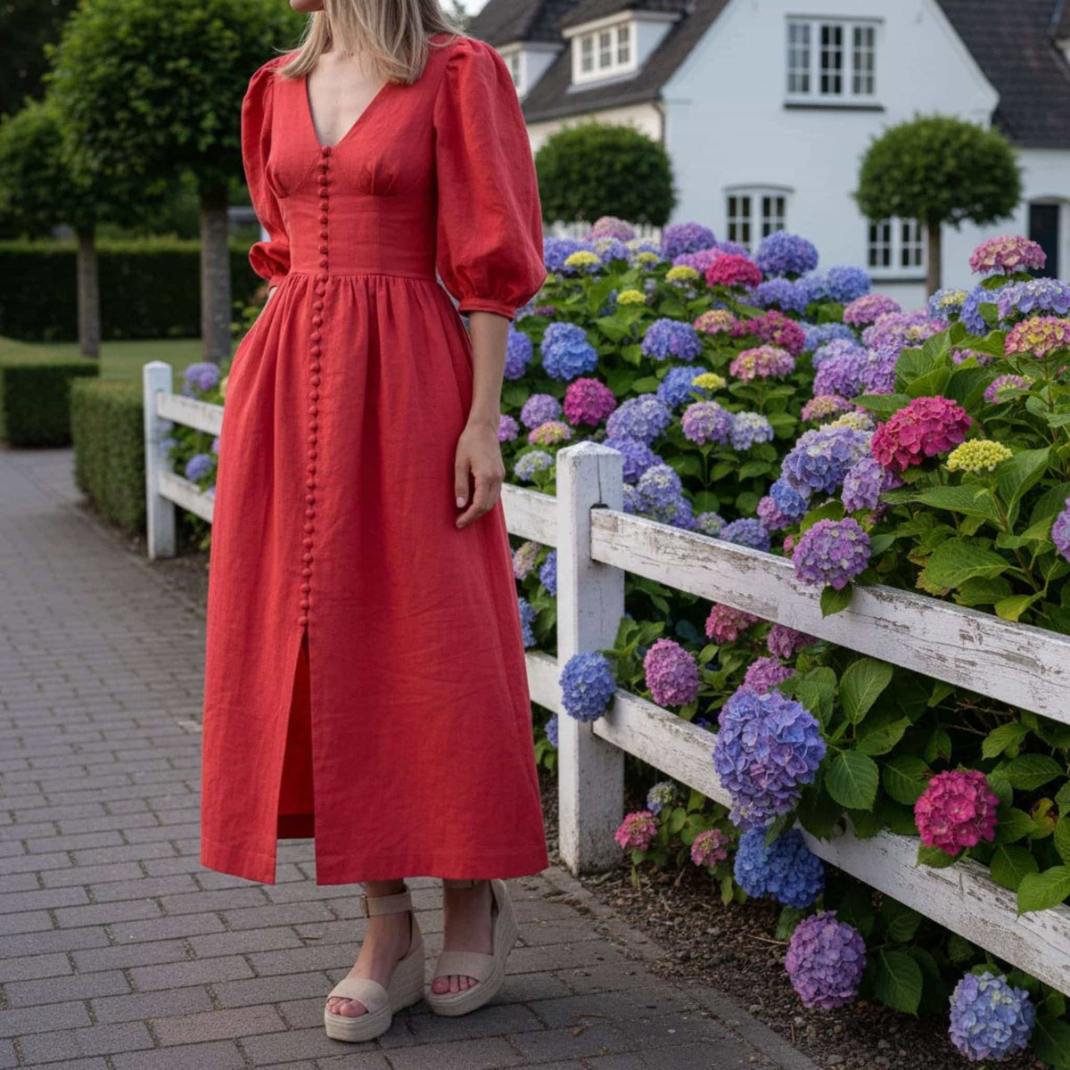 V Neck Linen Maxi Dress, Puff Sleeve Linen Long Dress