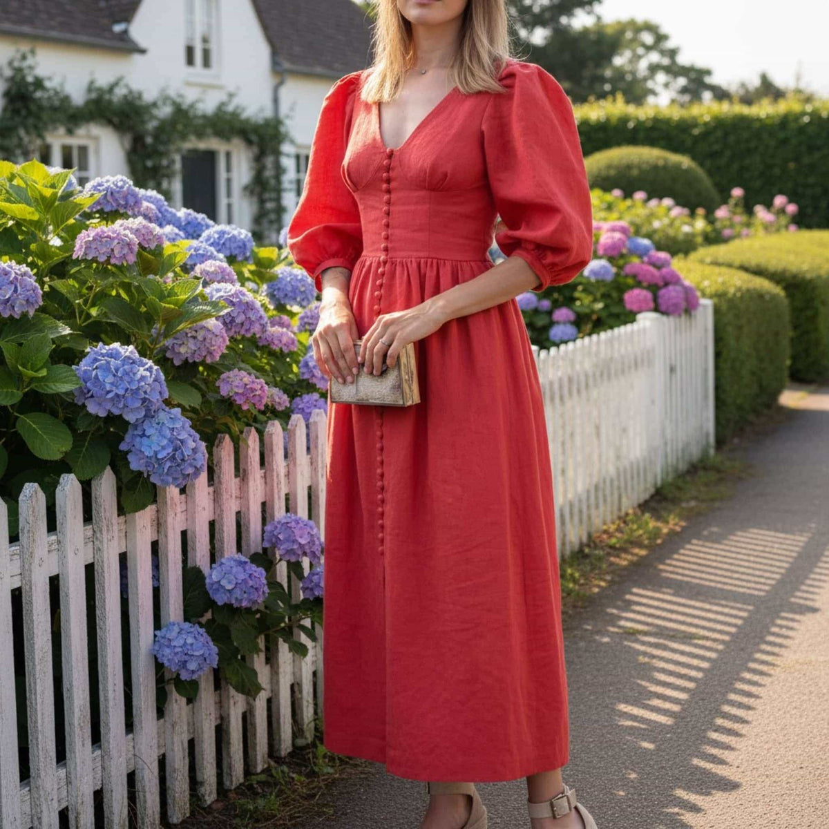 V Neck Linen Maxi Dress, Puff Sleeve Linen Long Dress