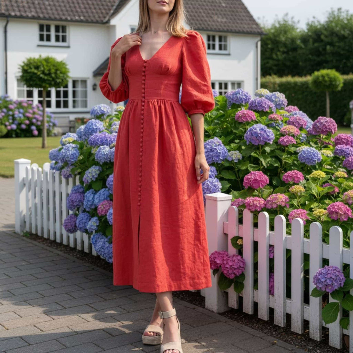 V Neck Linen Maxi Dress, Puff Sleeve Linen Long Dress
