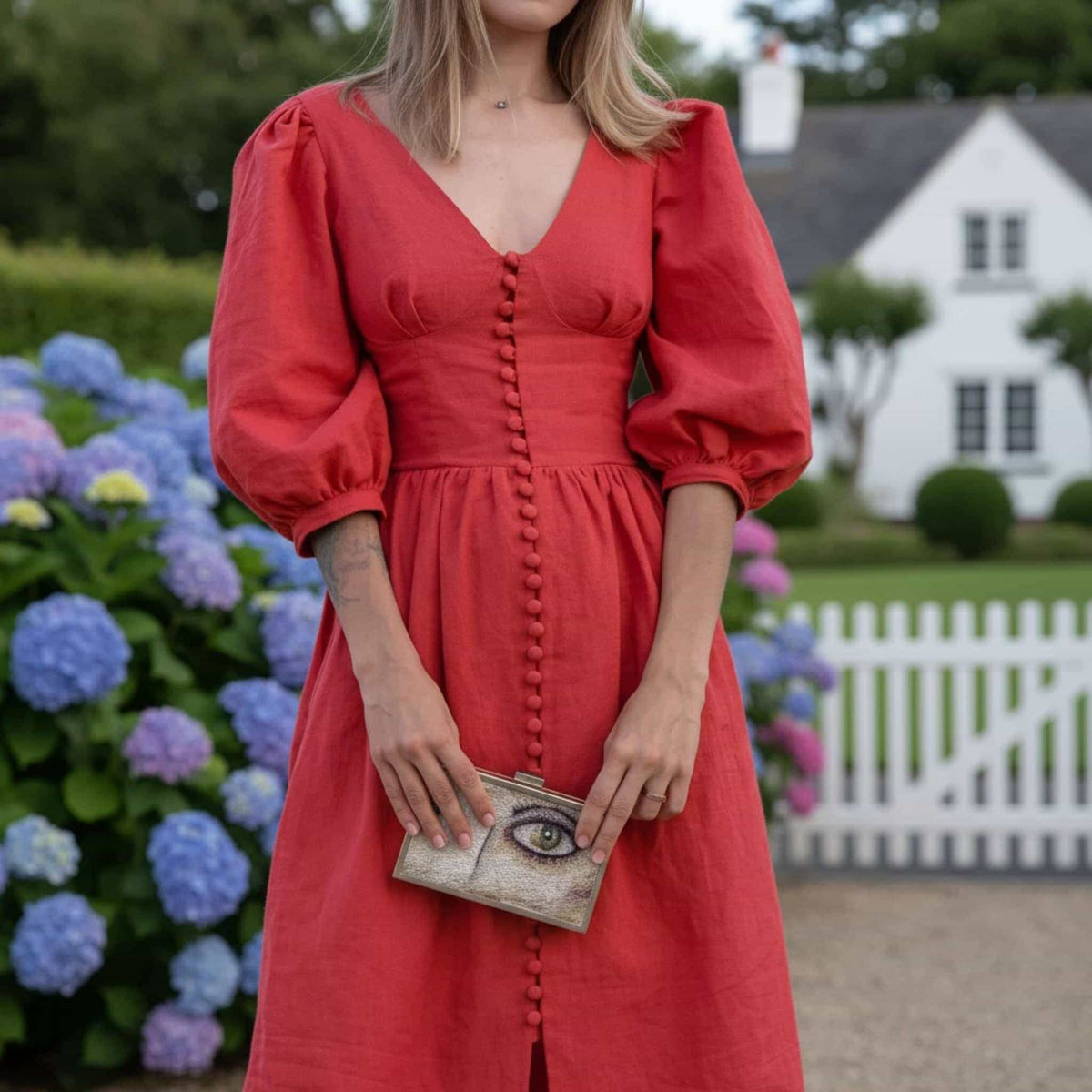 V Neck Linen Maxi Dress, Puff Sleeve Linen Long Dress