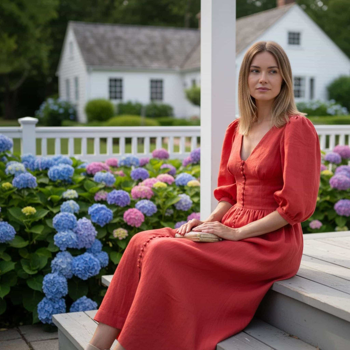 V Neck Linen Maxi Dress, Puff Sleeve Linen Long Dress