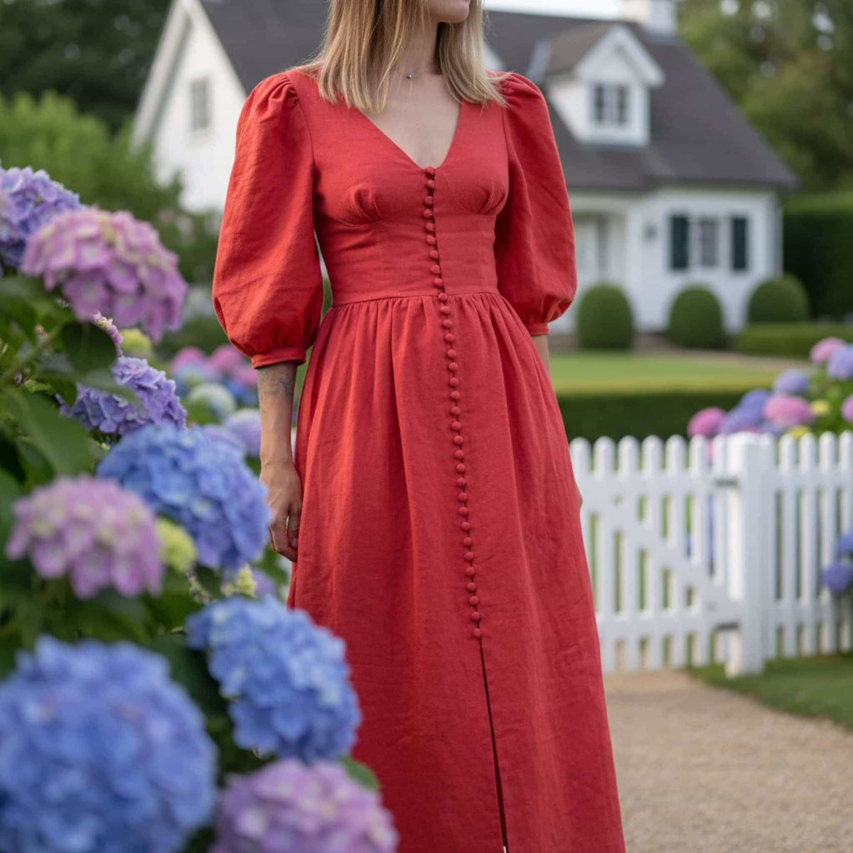 V Neck Linen Maxi Dress, Puff Sleeve Linen Long Dress