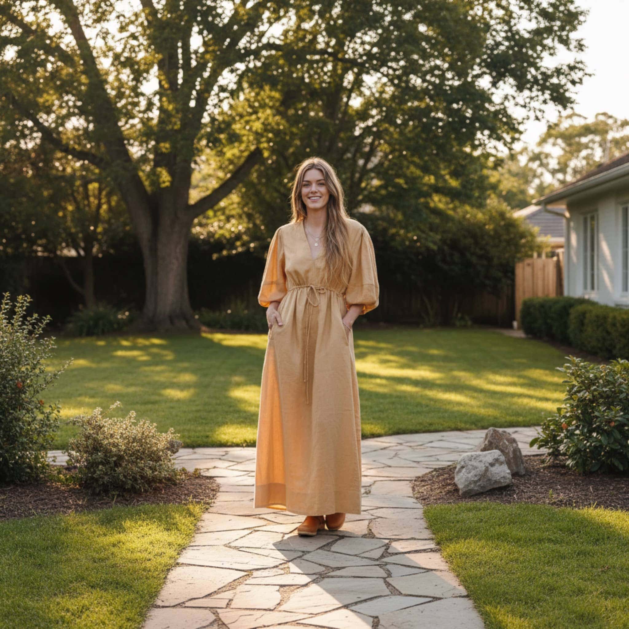 V Neck Linen Maxi Dress, Puff Sleeve Maxi Dress