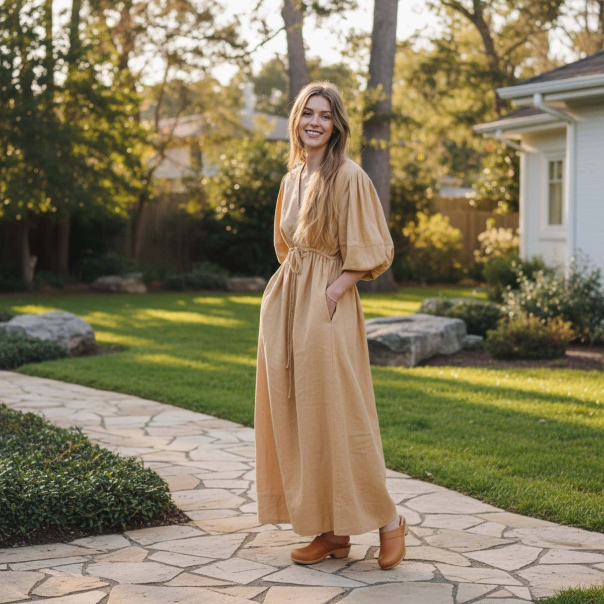 V Neck Linen Maxi Dress, Puff Sleeve Maxi Dress