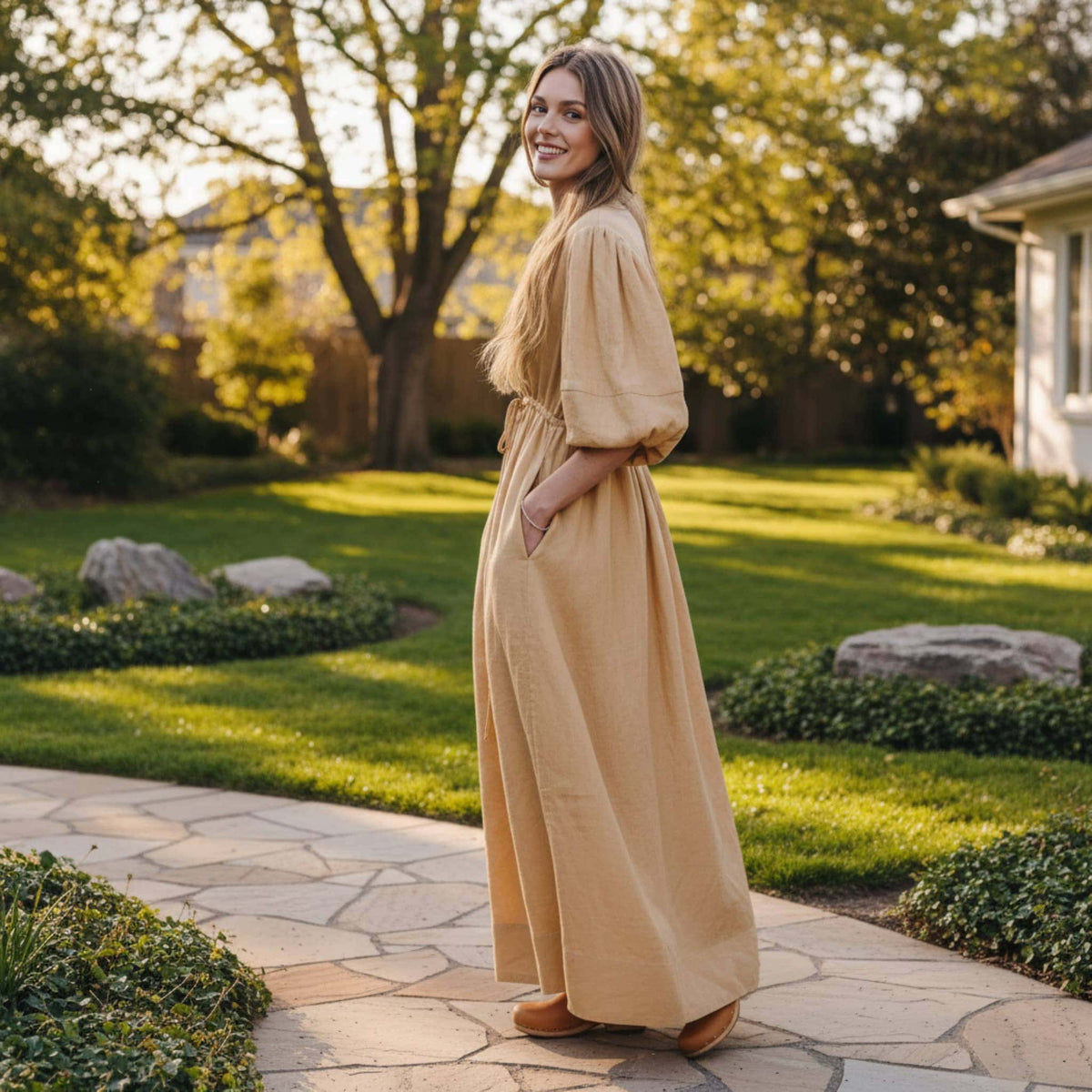 V Neck Linen Maxi Dress, Puff Sleeve Maxi Dress