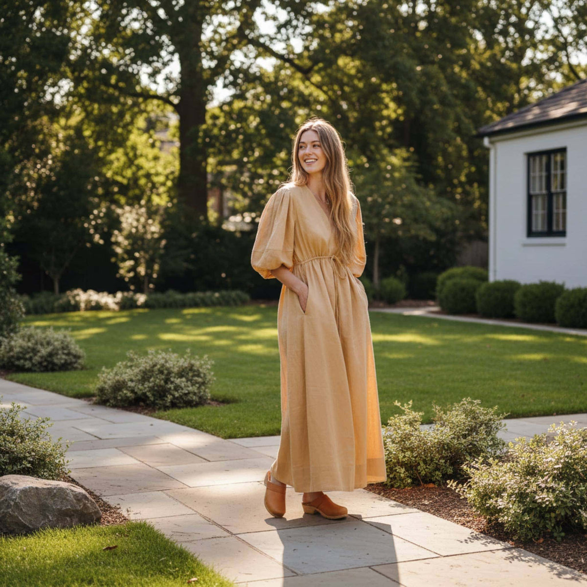 V Neck Linen Maxi Dress, Puff Sleeve Maxi Dress