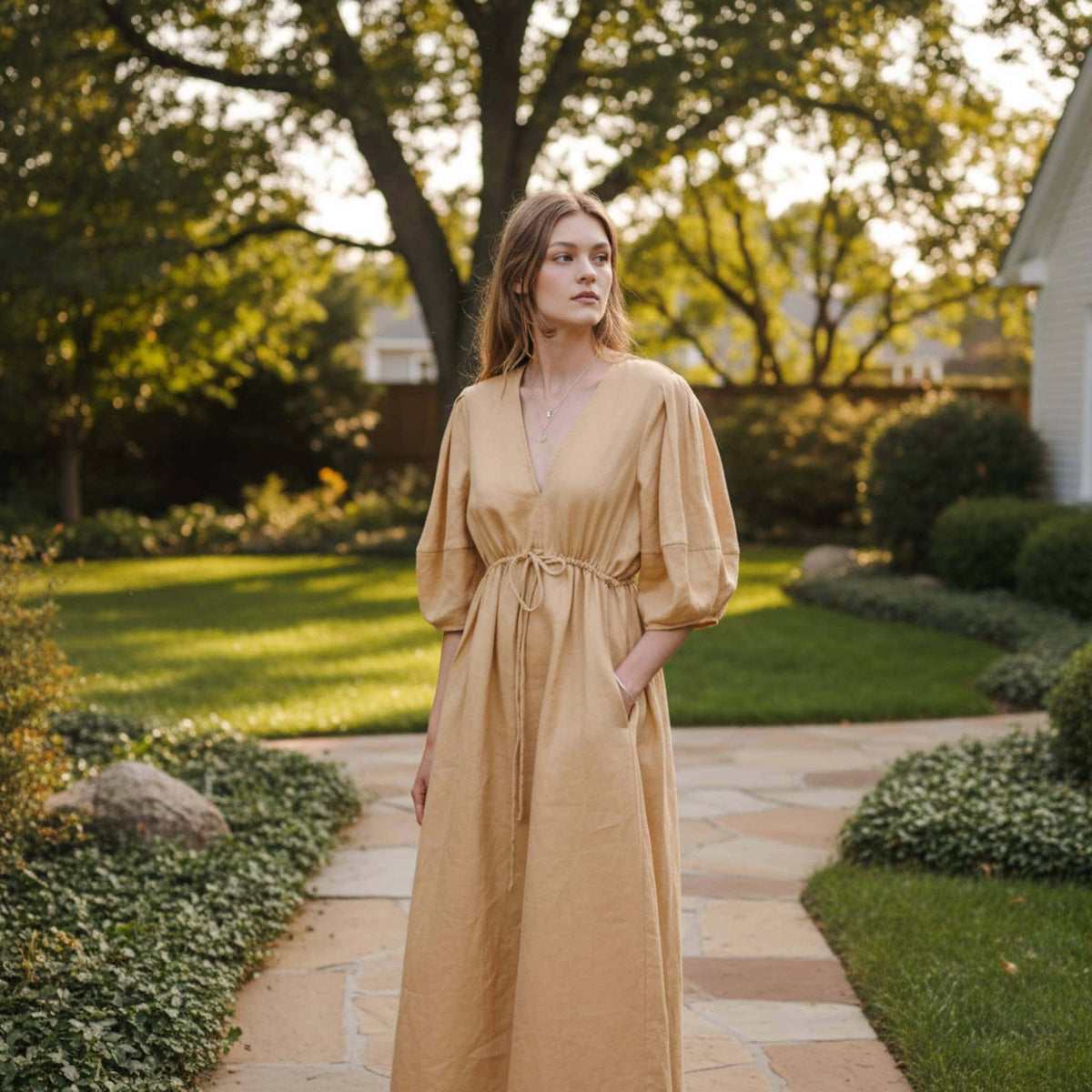 V Neck Linen Maxi Dress, Puff Sleeve Maxi Dress