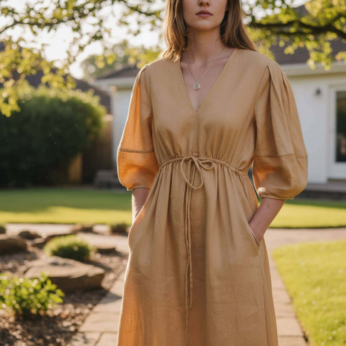 V Neck Linen Maxi Dress, Puff Sleeve Maxi Dress