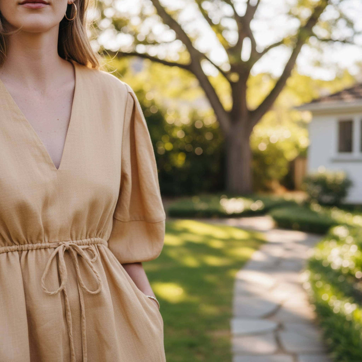 V Neck Linen Maxi Dress, Puff Sleeve Maxi Dress