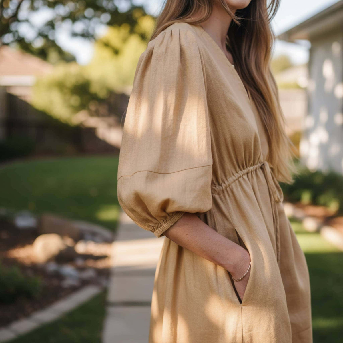V Neck Linen Maxi Dress, Puff Sleeve Maxi Dress