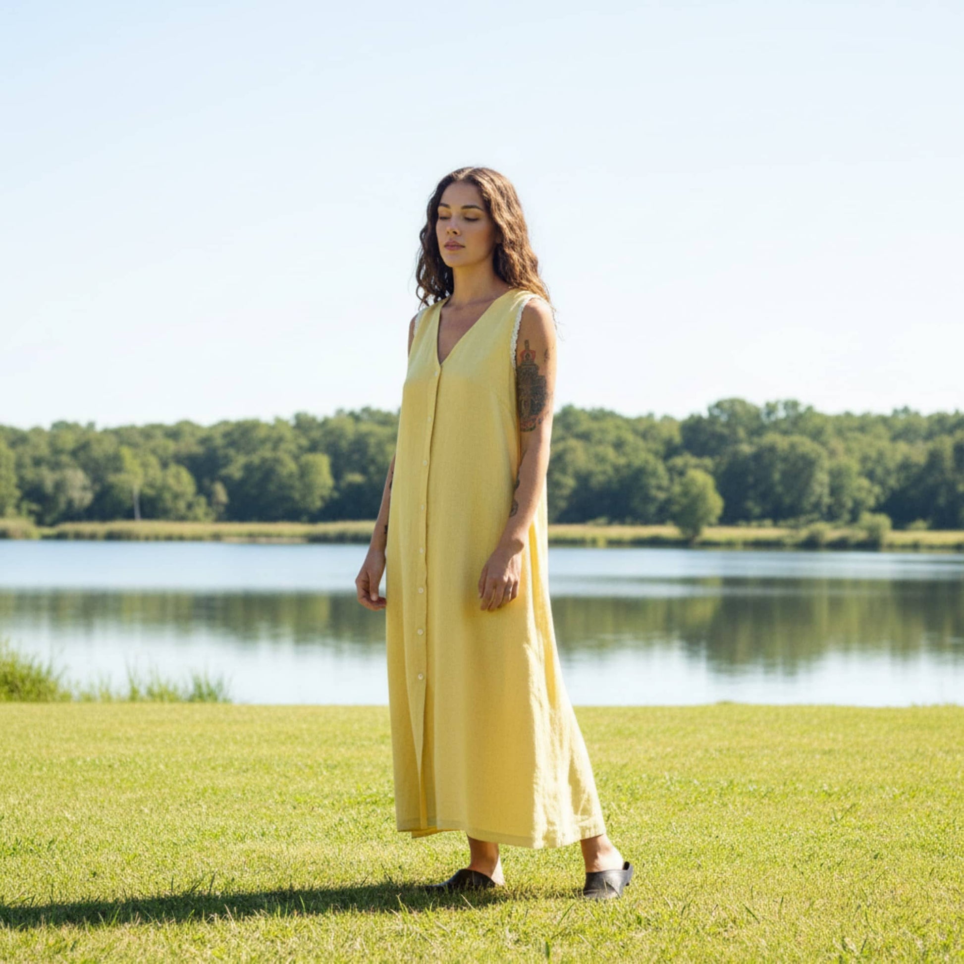 V Neck Linen Maxi Dress, Relaxed A-Line