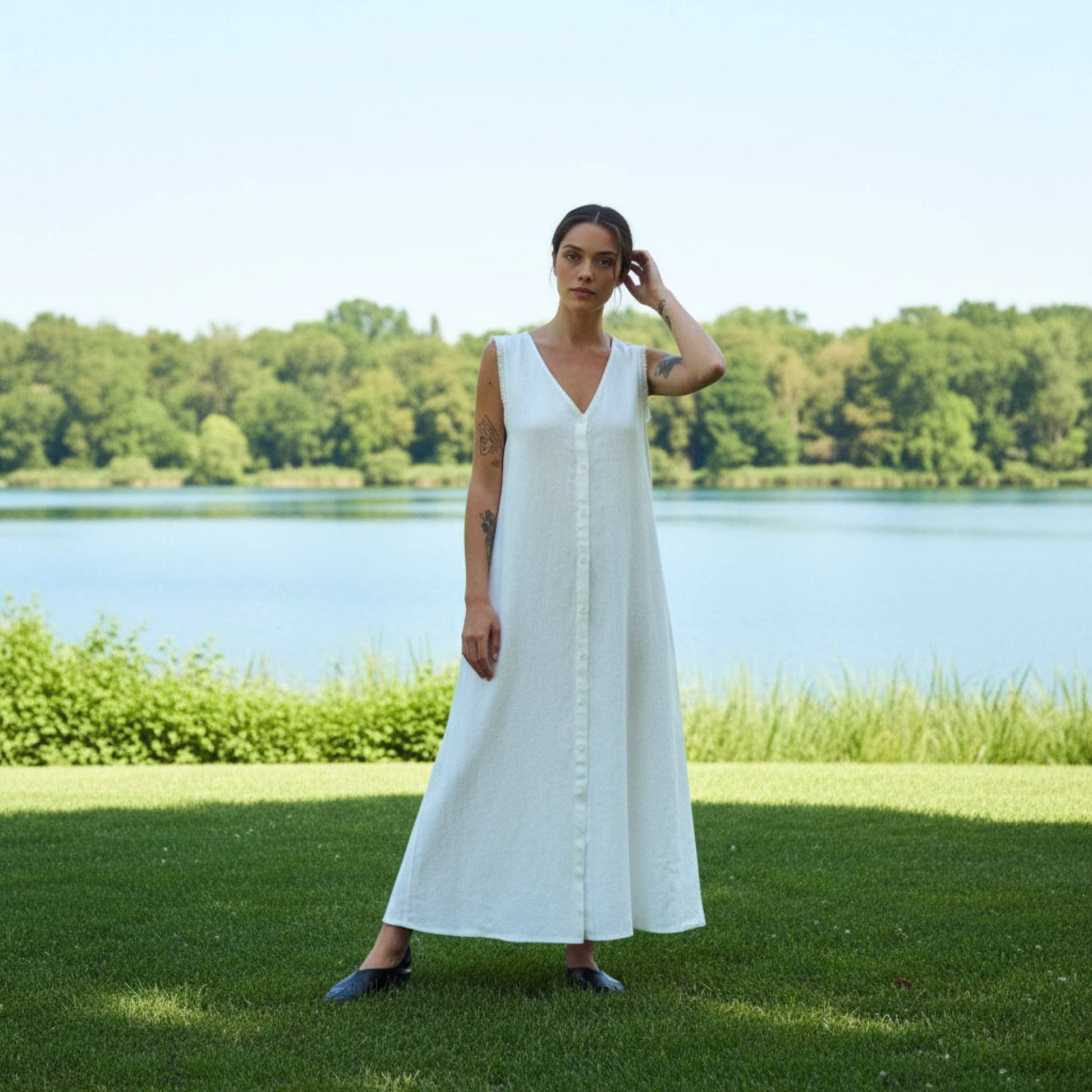 V Neck Linen Maxi Dress, Relaxed A-Line
