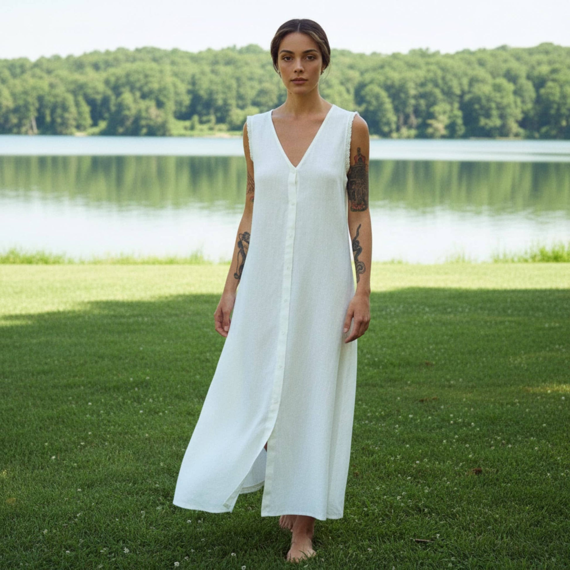 V Neck Linen Maxi Dress, Relaxed A-Line