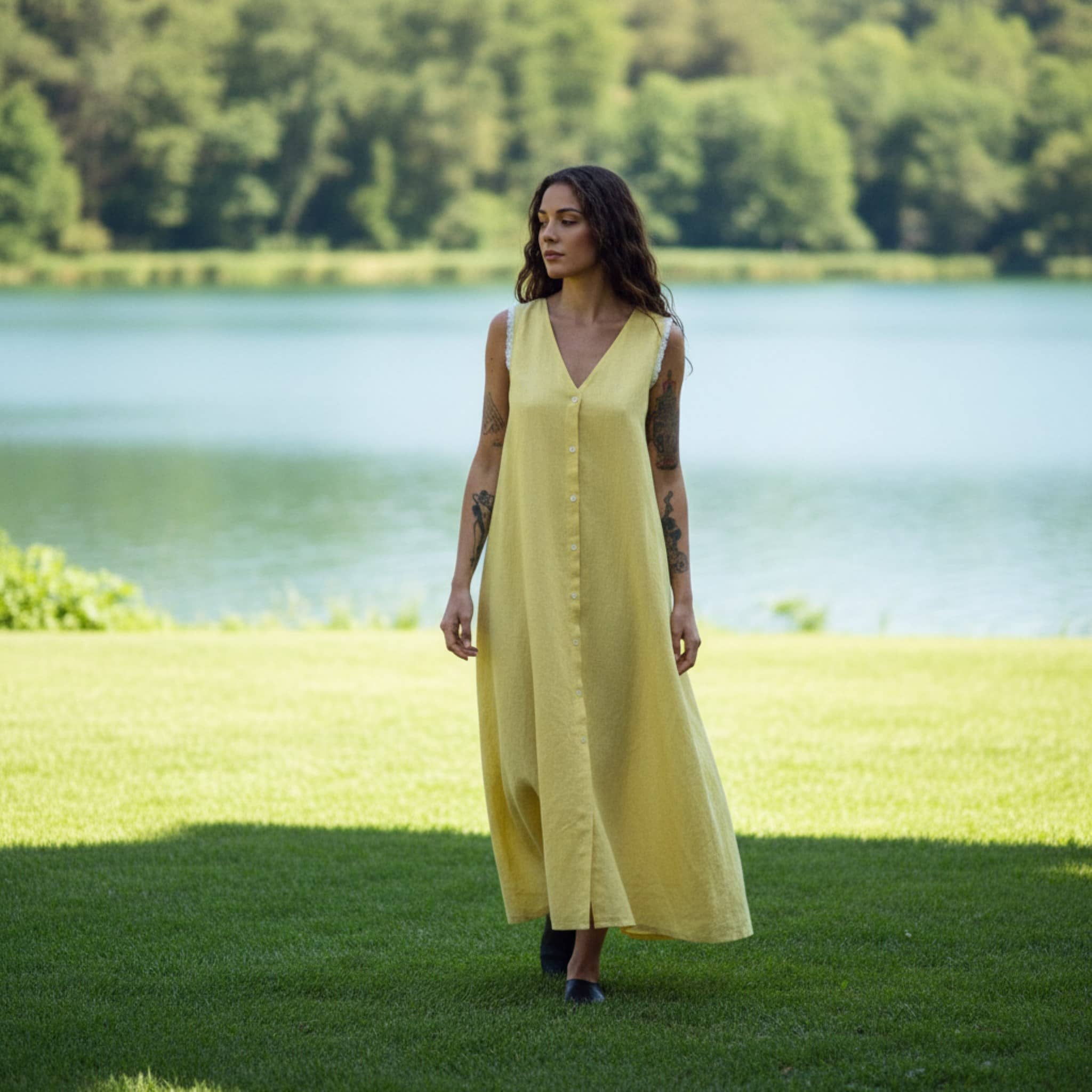 V Neck Linen Maxi Dress, Relaxed A-Line