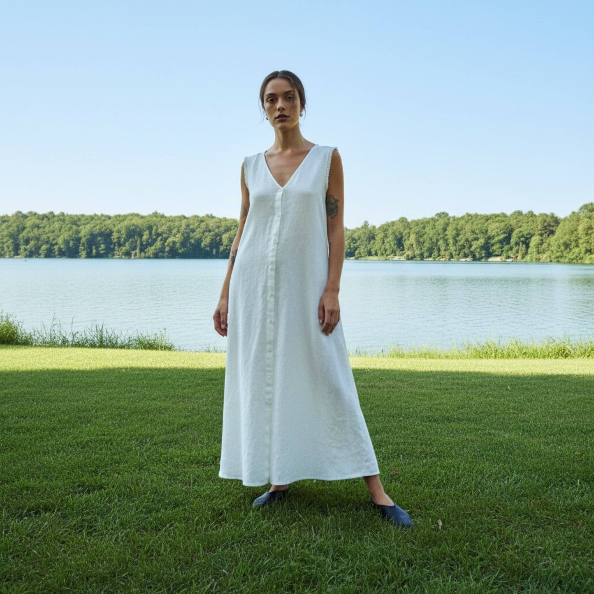 V Neck Linen Maxi Dress, Relaxed A-Line