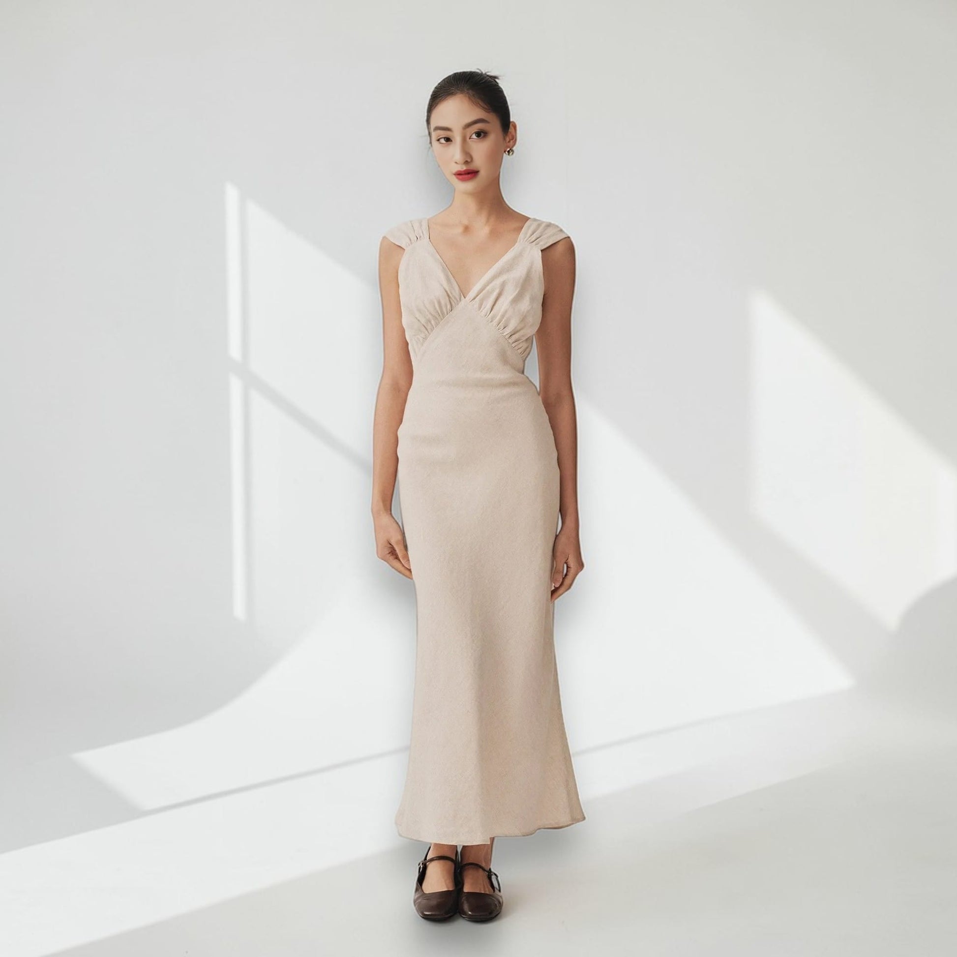 V Neck Linen Maxi Dress, Ruched Bust Maxi Dress