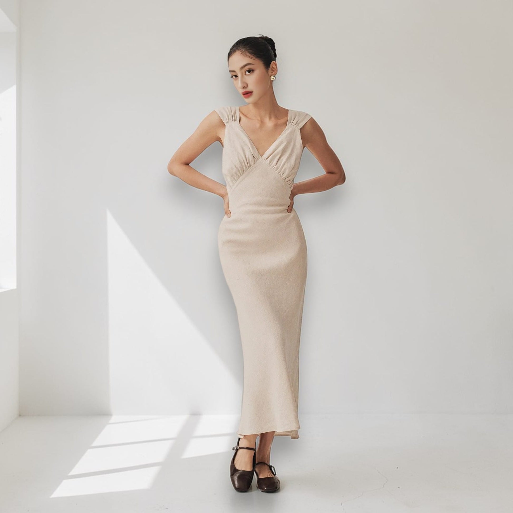 V Neck Linen Maxi Dress, Ruched Bust Maxi Dress