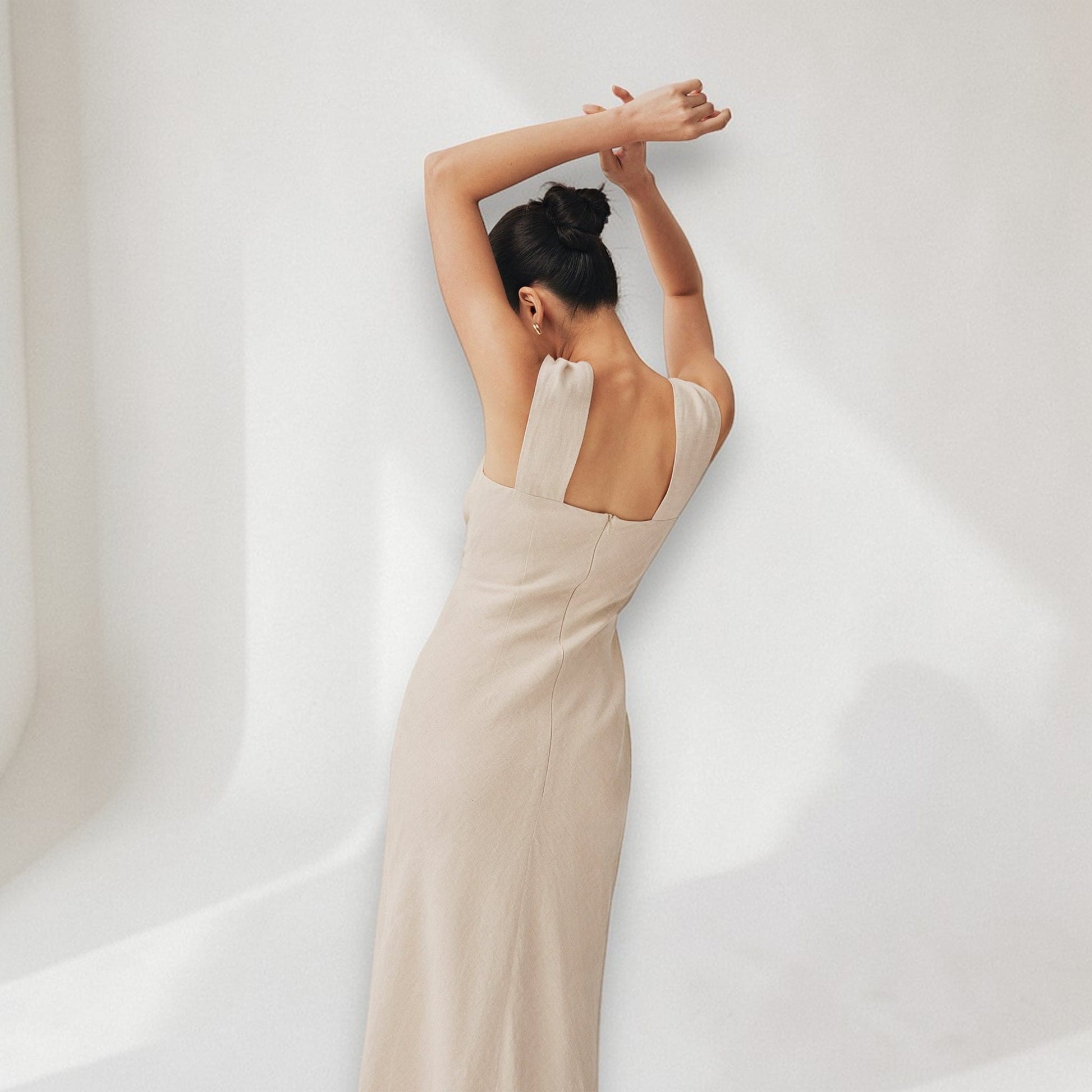 V Neck Linen Maxi Dress, Ruched Bust Maxi Dress