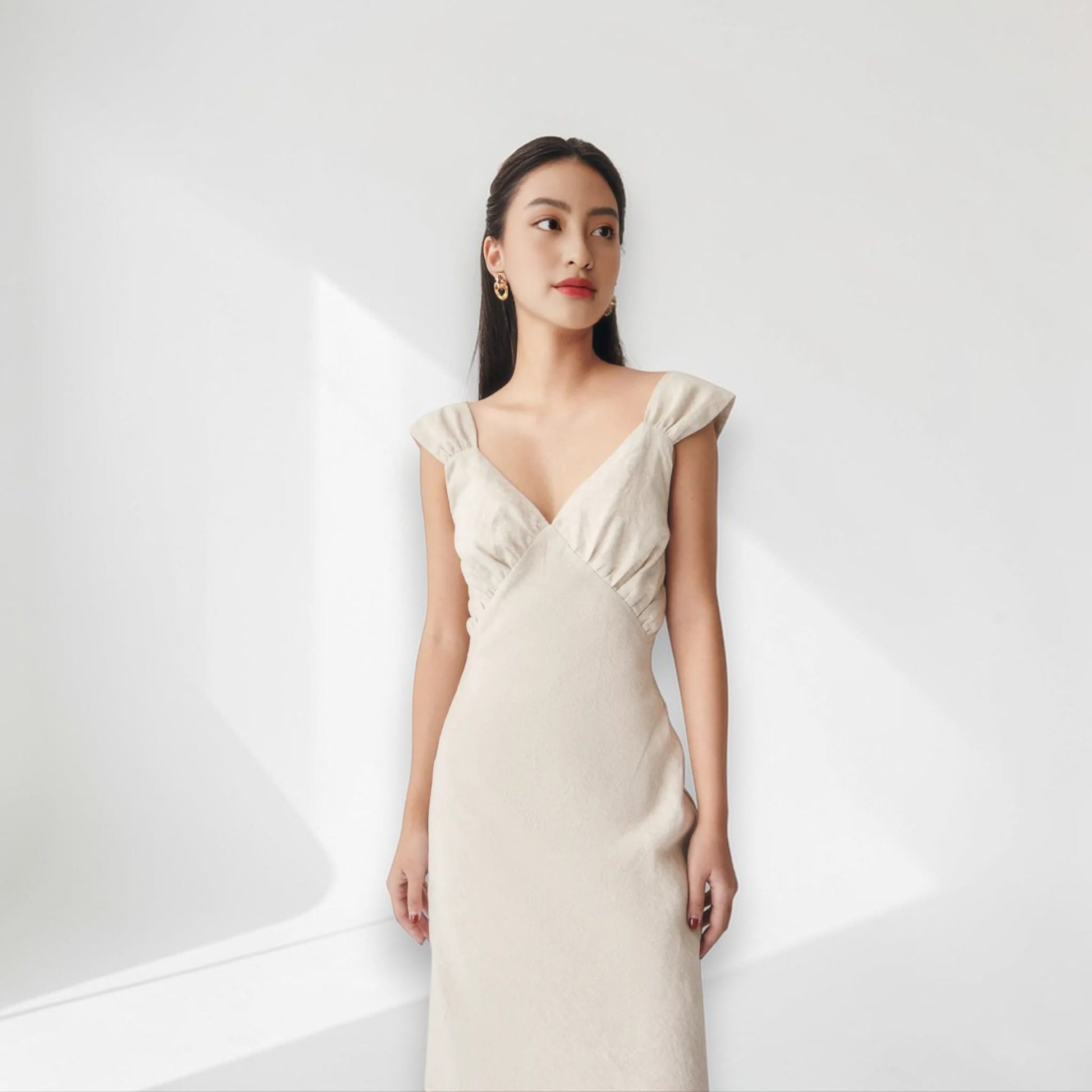 V Neck Linen Maxi Dress, Ruched Bust Maxi Dress