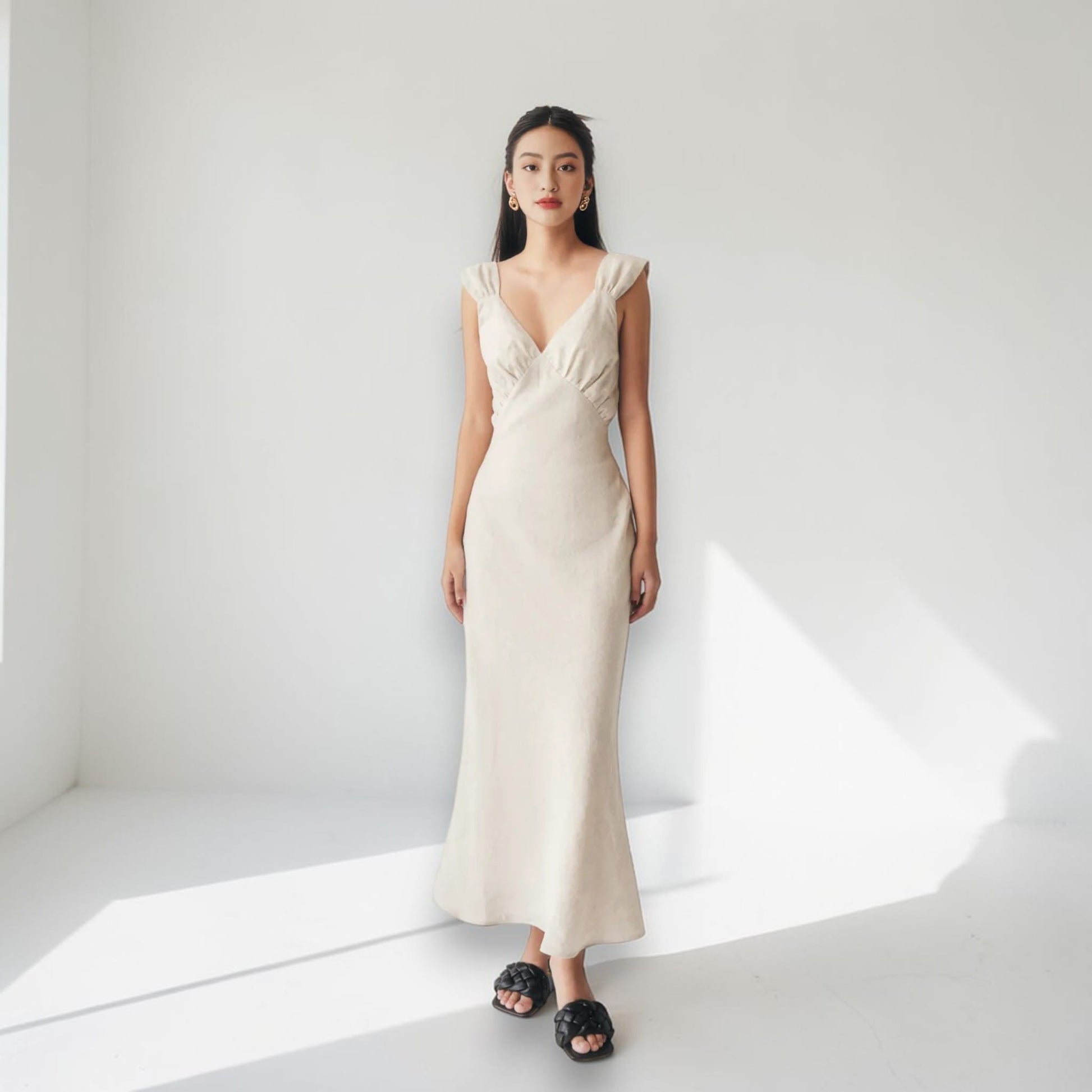 V Neck Linen Maxi Dress, Ruched Bust Maxi Dress
