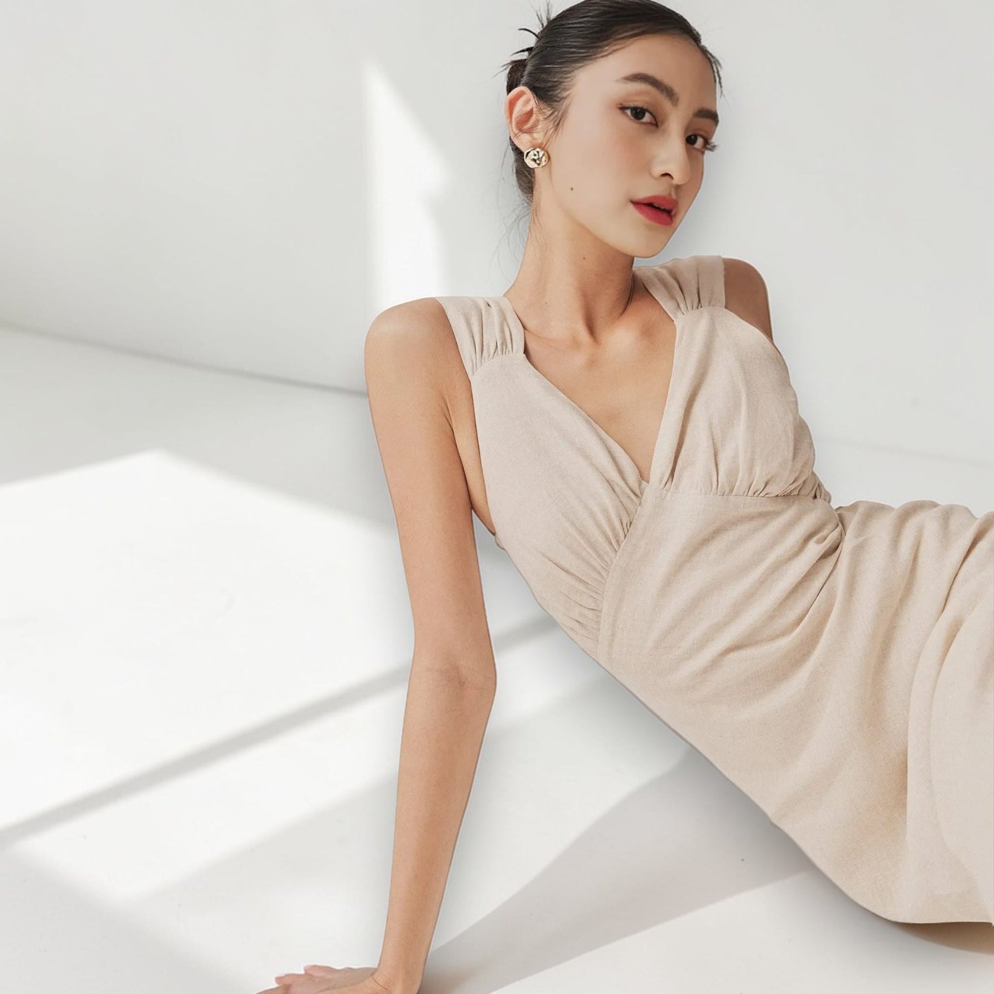 V Neck Linen Maxi Dress, Ruched Bust Maxi Dress