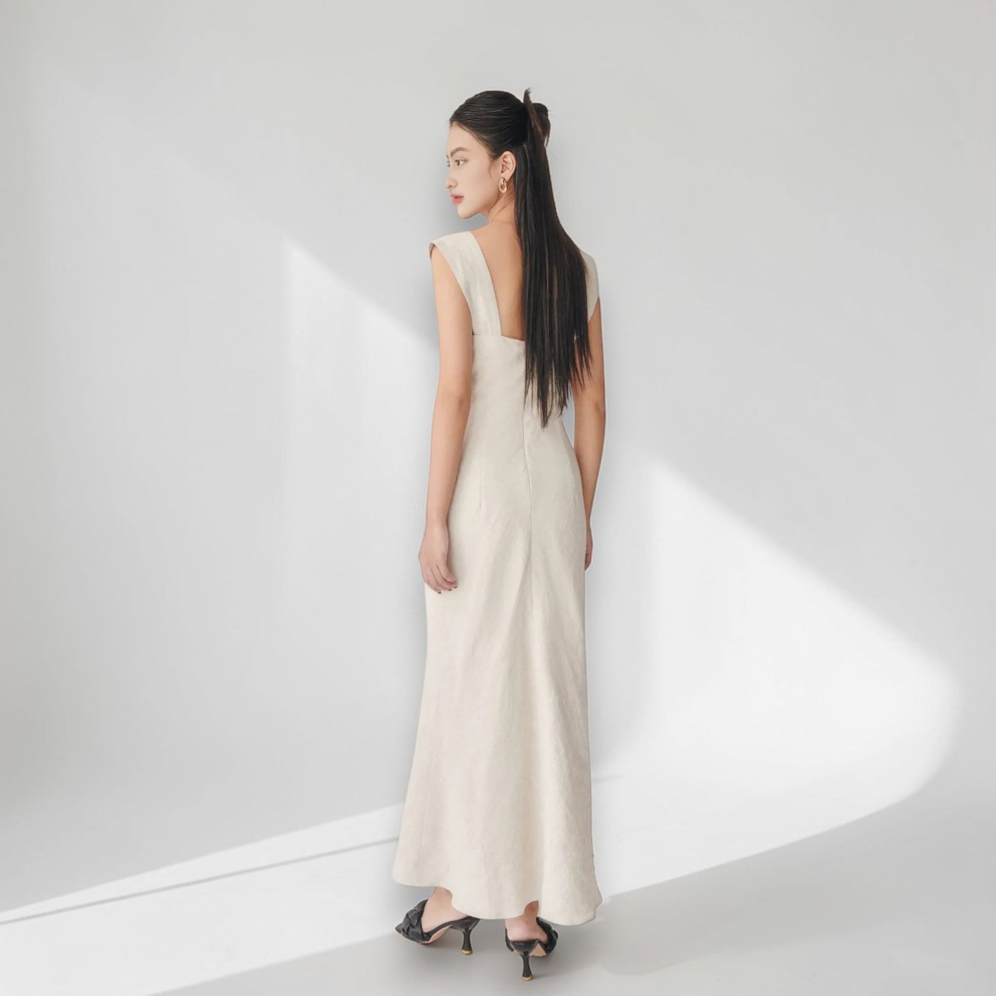 V Neck Linen Maxi Dress, Ruched Bust Maxi Dress