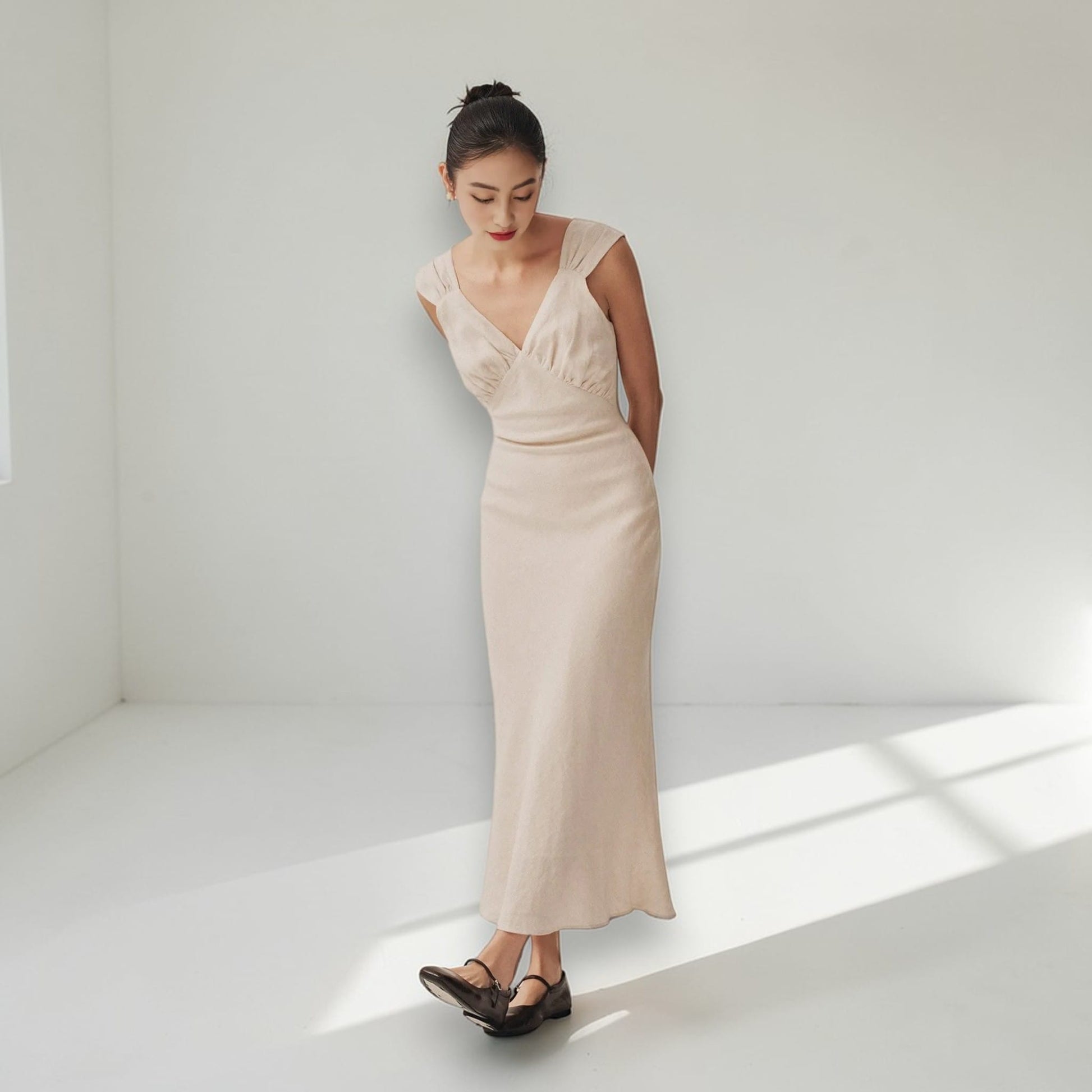 V Neck Linen Maxi Dress, Ruched Bust Maxi Dress