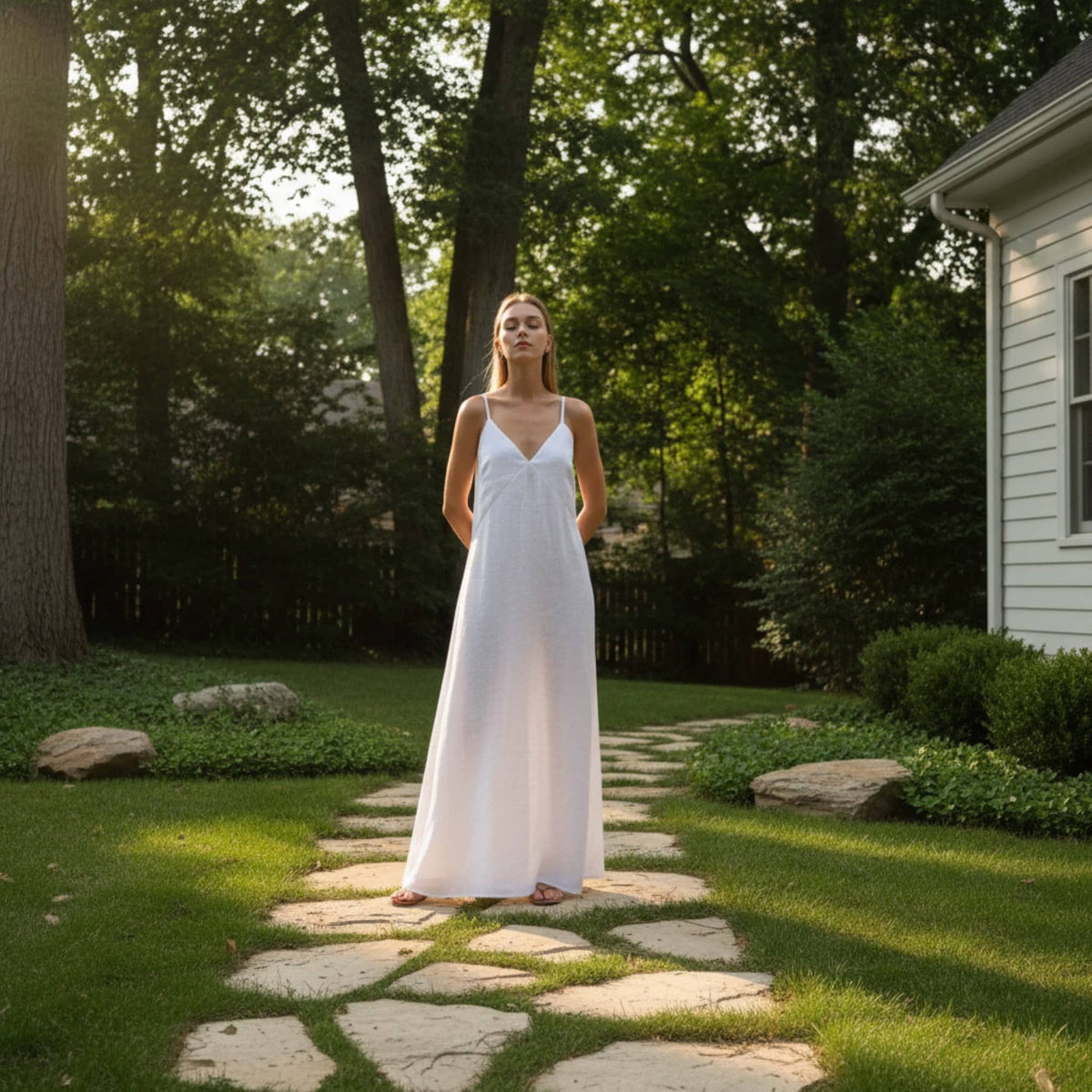 V Neck Linen Maxi Dress, Spaghetti Strap Summer Dress