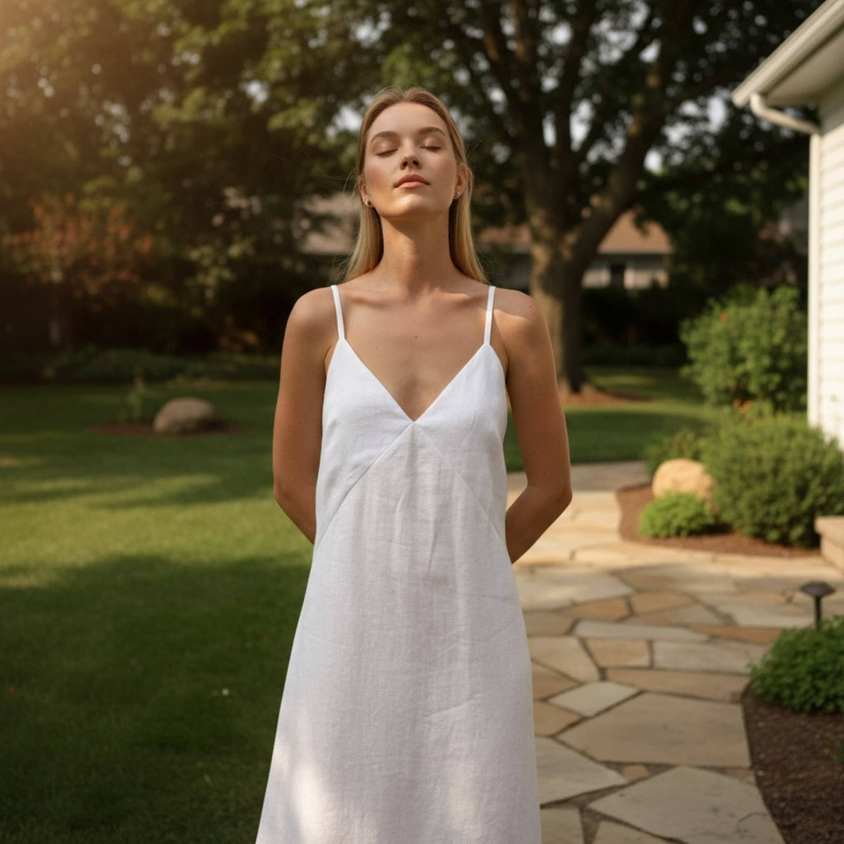 V Neck Linen Maxi Dress, Spaghetti Strap Summer Dress
