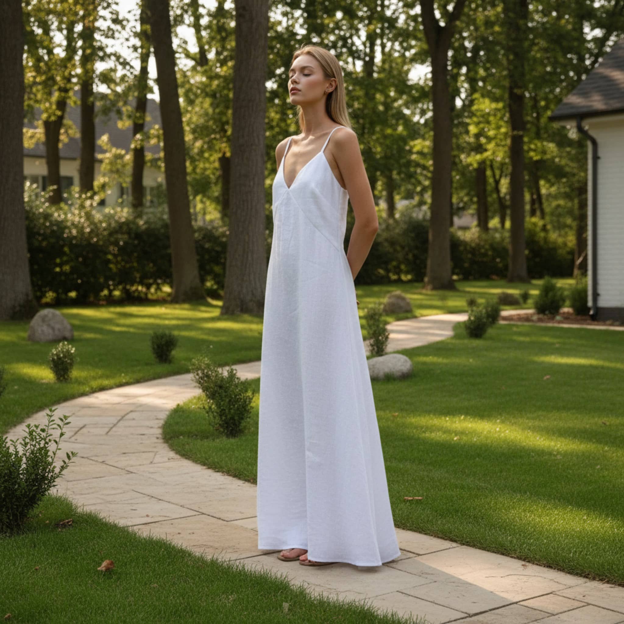 V Neck Linen Maxi Dress, Spaghetti Strap Summer Dress