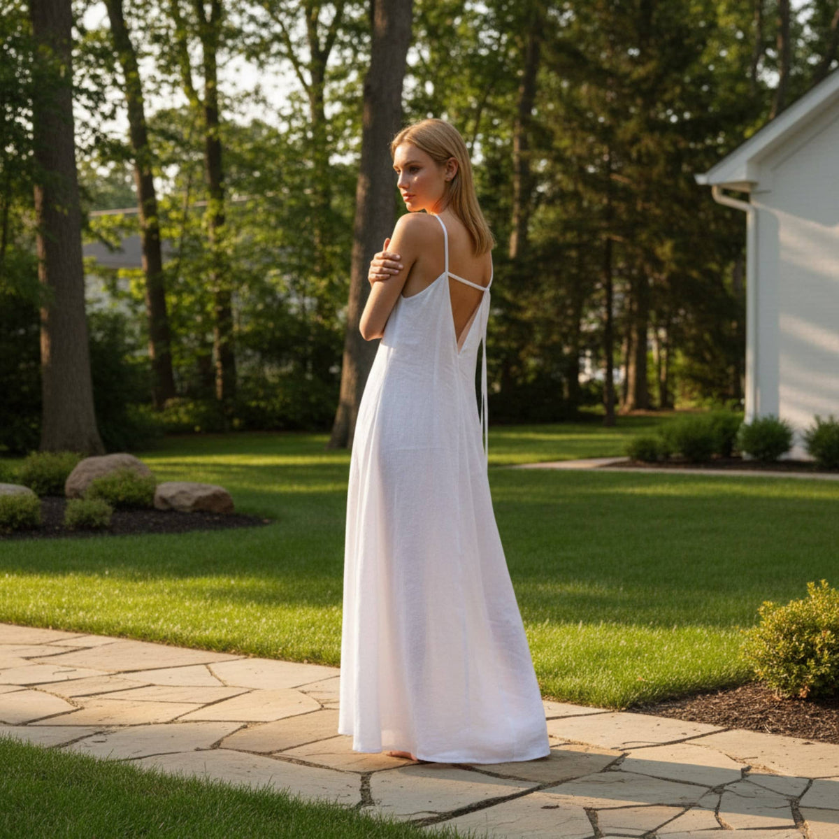 V Neck Linen Maxi Dress, Spaghetti Strap Summer Dress