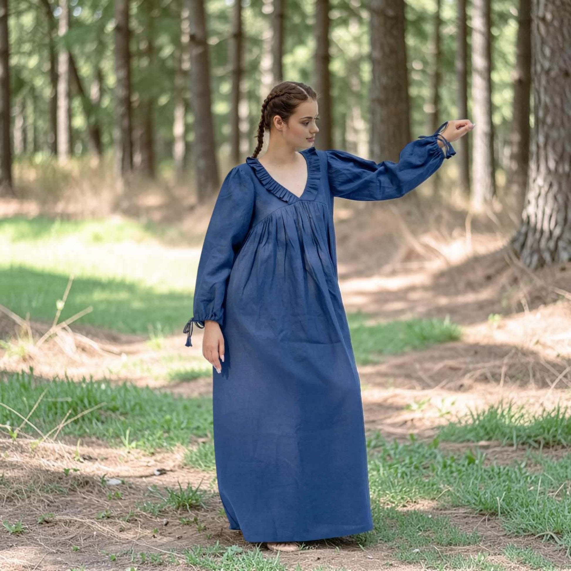 V-Neck Linen Maxi Dress, Tie Cuff Balloon Sleeve