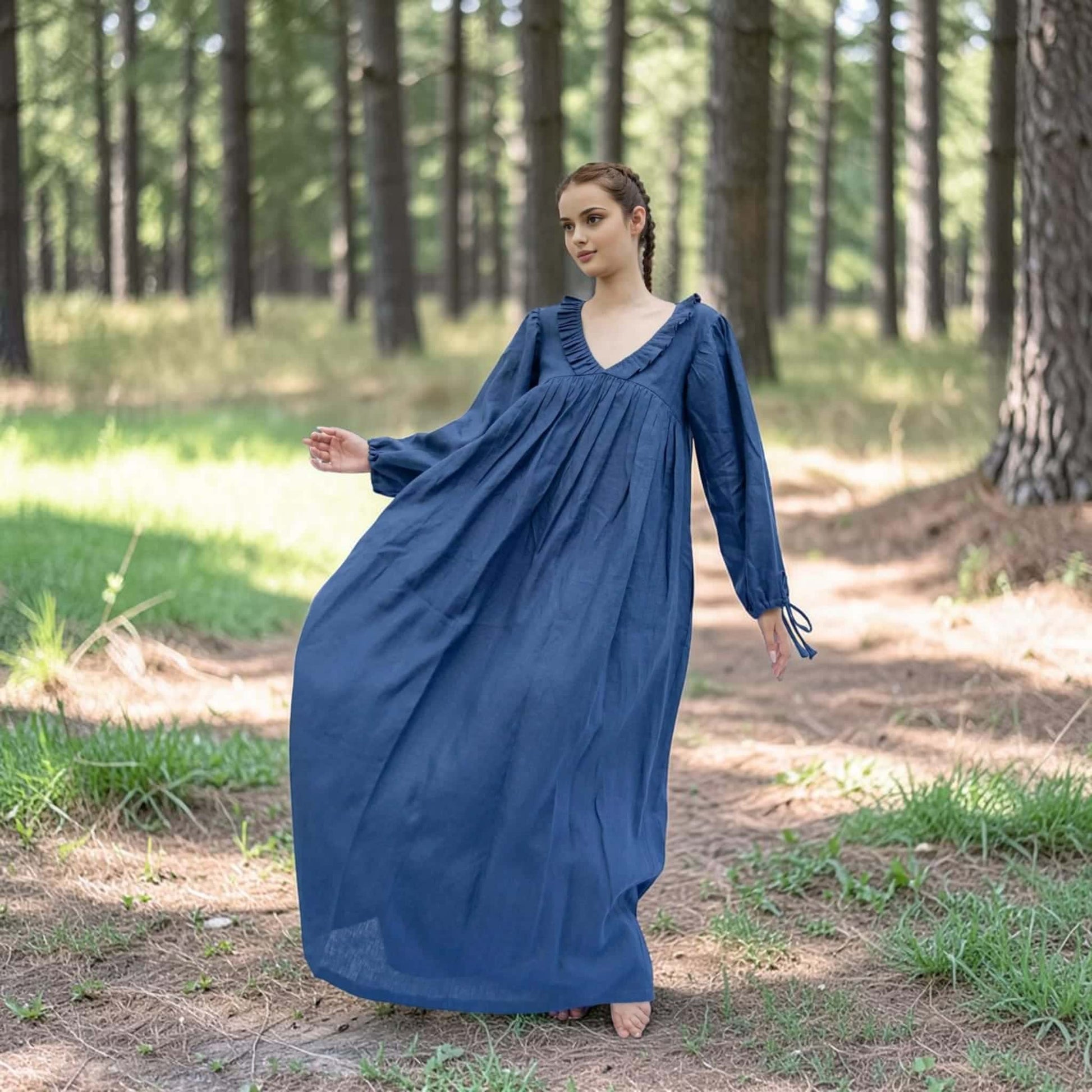 V-Neck Linen Maxi Dress, Tie Cuff Balloon Sleeve