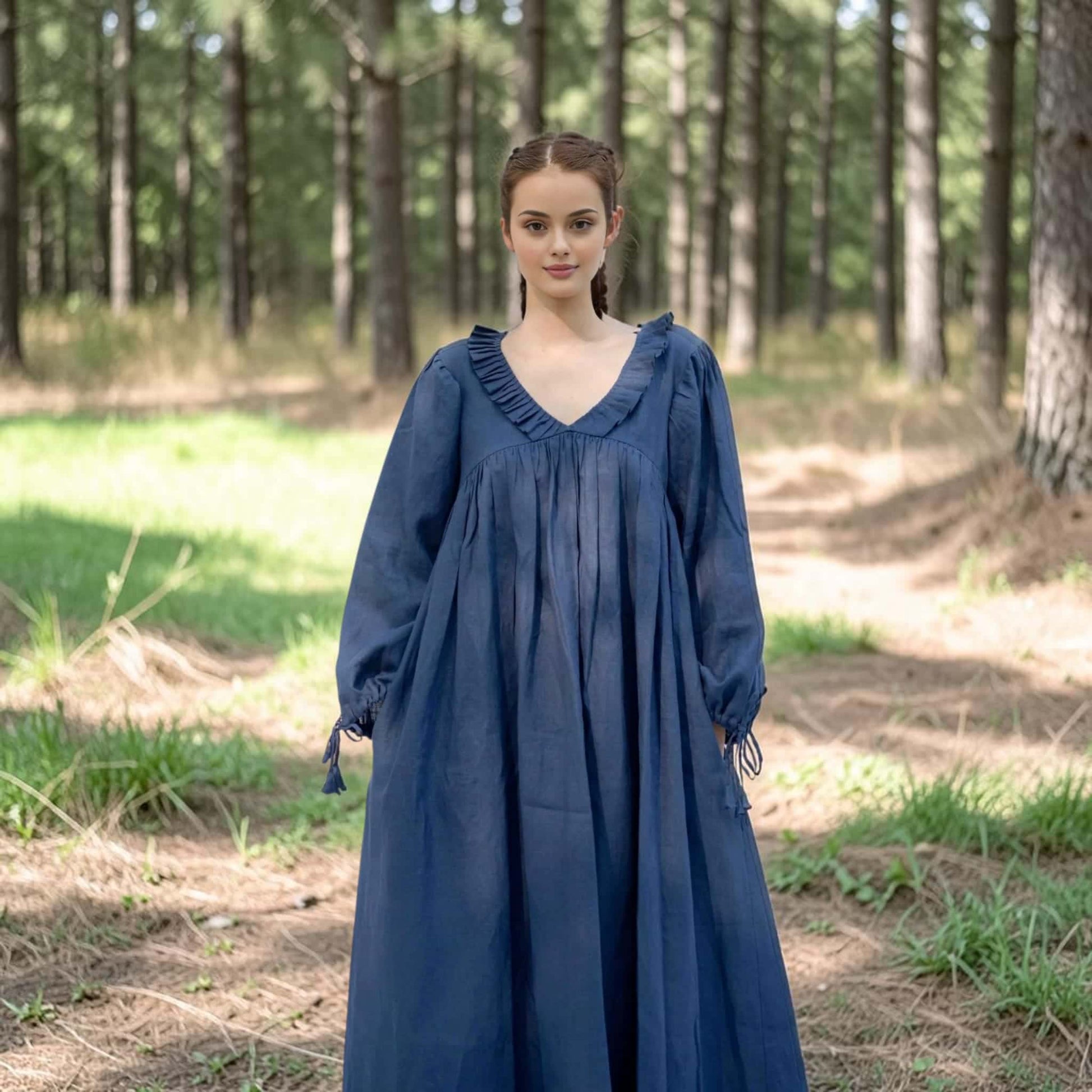V-Neck Linen Maxi Dress, Tie Cuff Balloon Sleeve