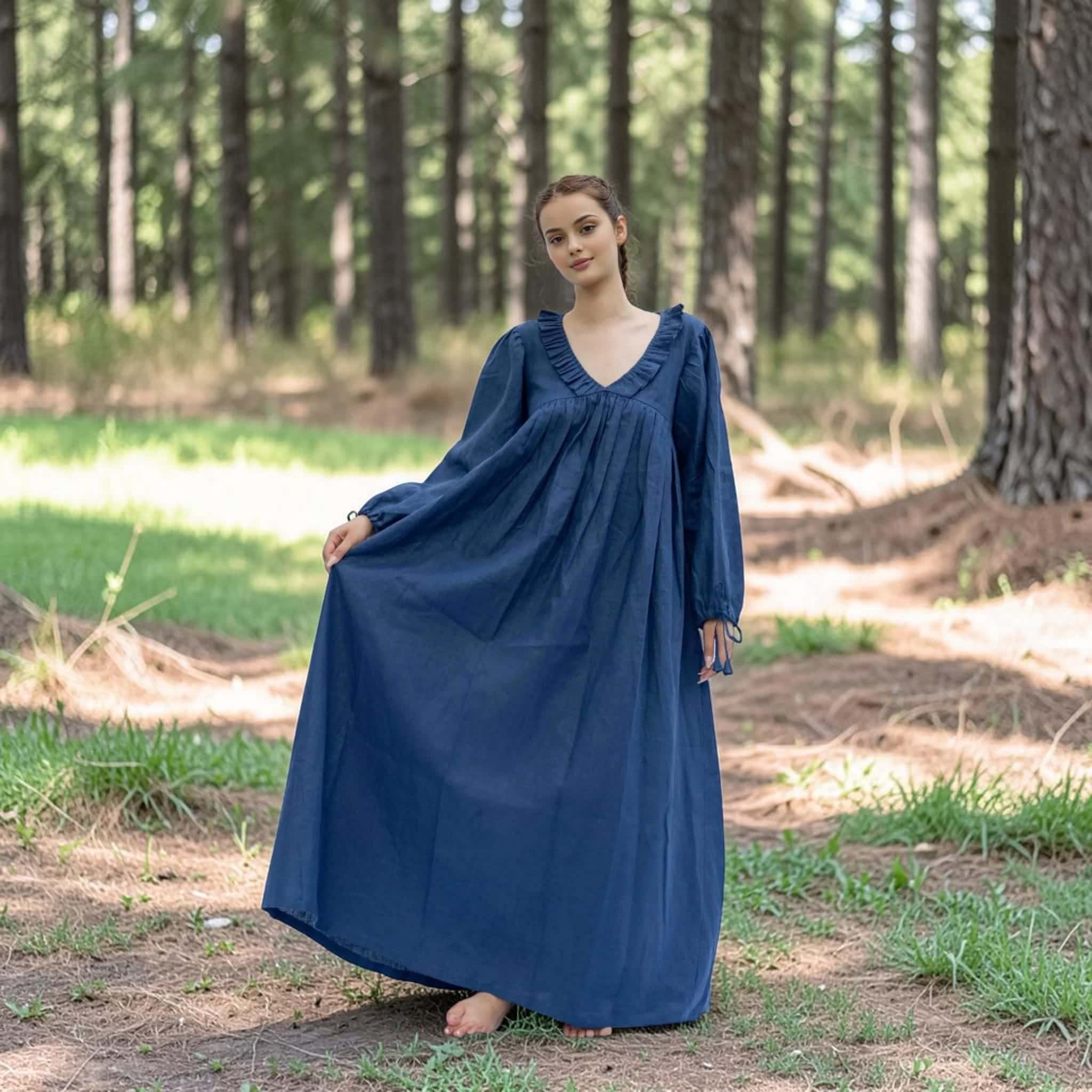V-Neck Linen Maxi Dress, Tie Cuff Balloon Sleeve