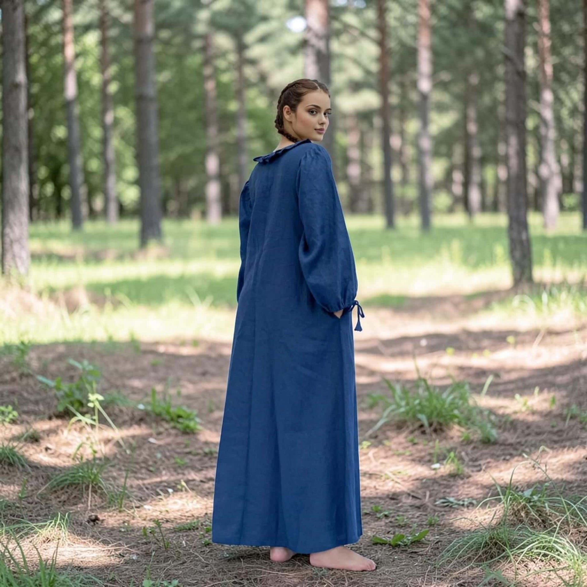 V-Neck Linen Maxi Dress, Tie Cuff Balloon Sleeve
