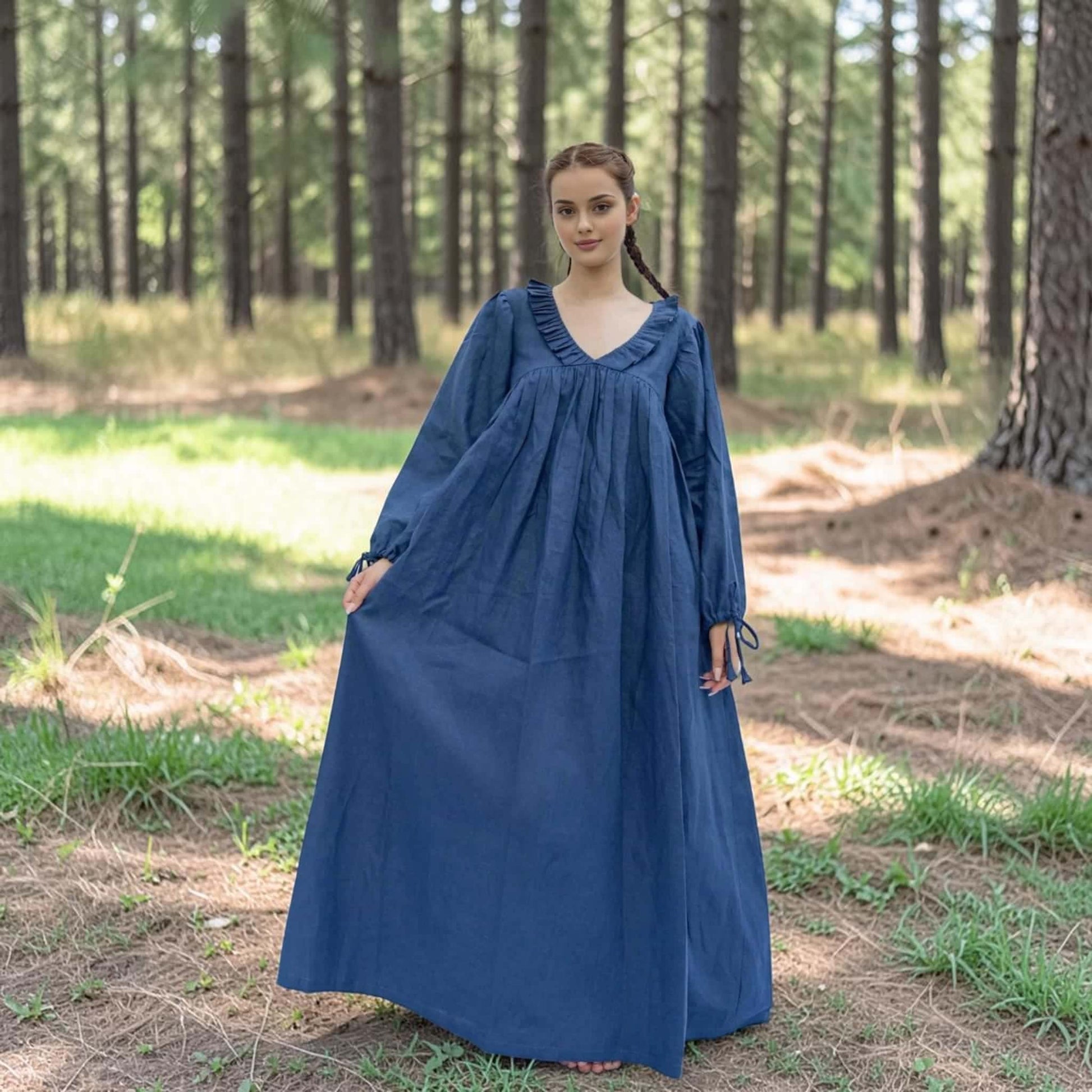 V-Neck Linen Maxi Dress, Tie Cuff Balloon Sleeve