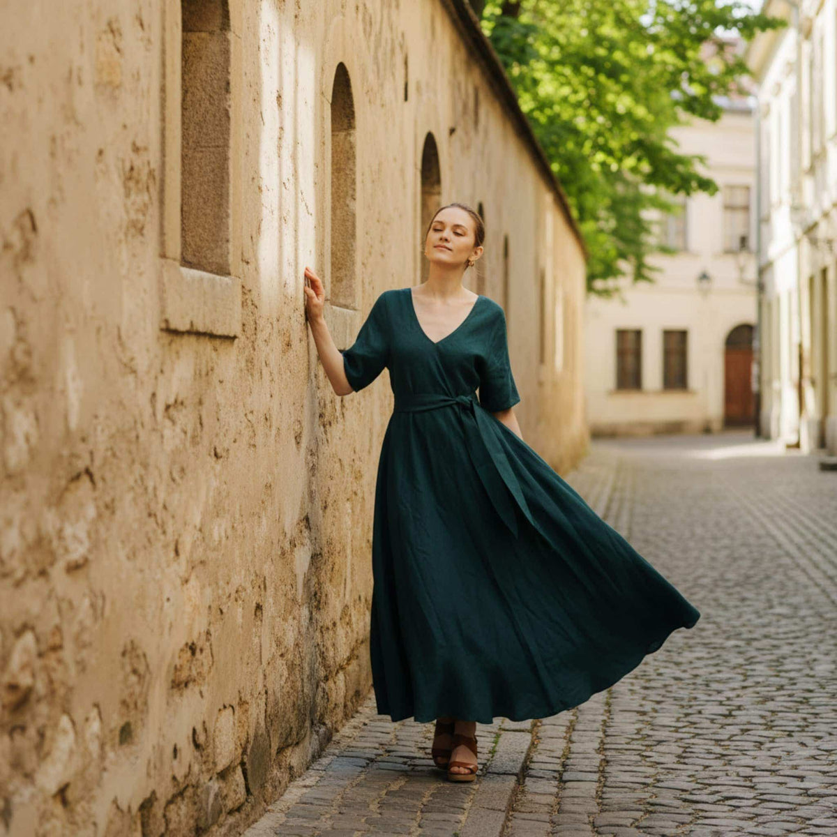 V Neck Linen Maxi Dress, Tie Waist Linen Maxi Dress
