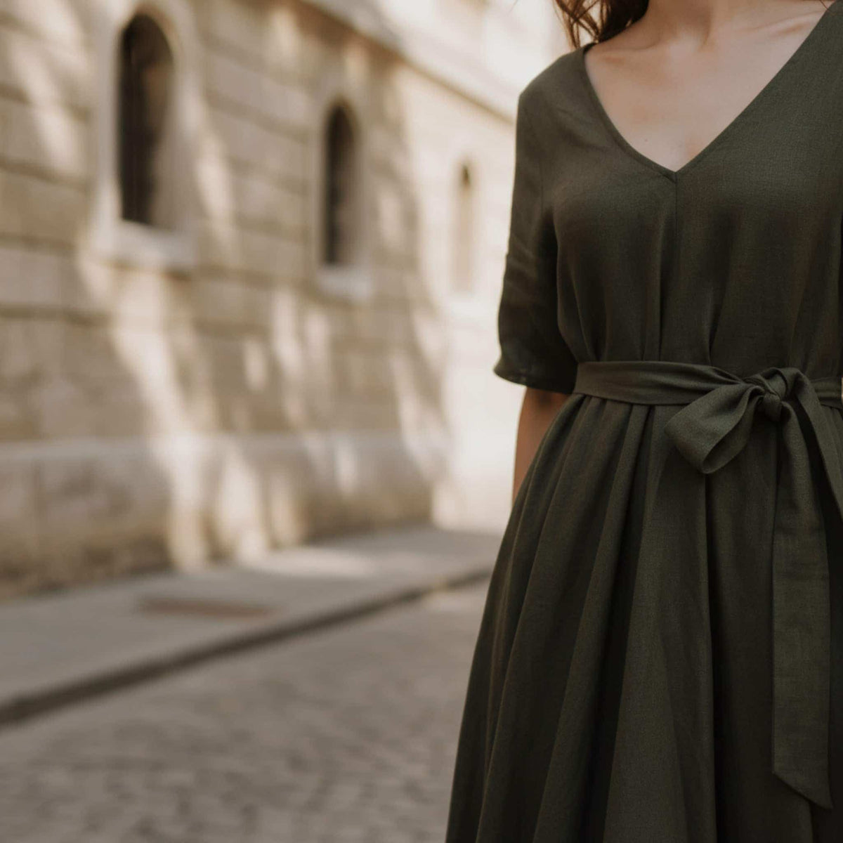 V Neck Linen Maxi Dress, Tie Waist Linen Maxi Dress