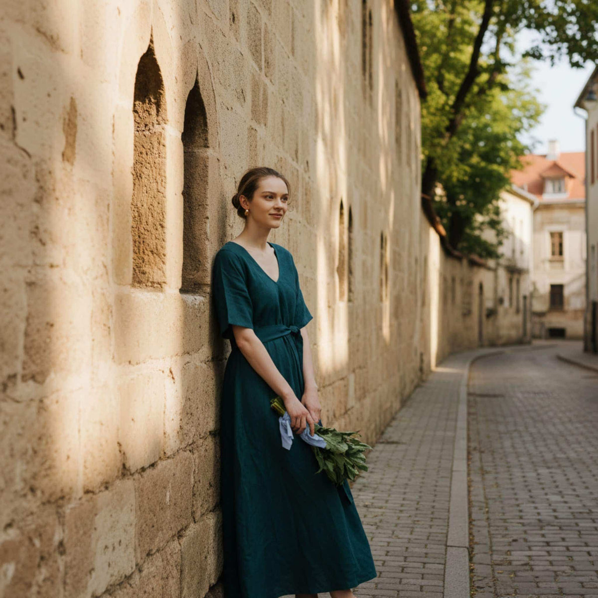 V Neck Linen Maxi Dress, Tie Waist Linen Maxi Dress