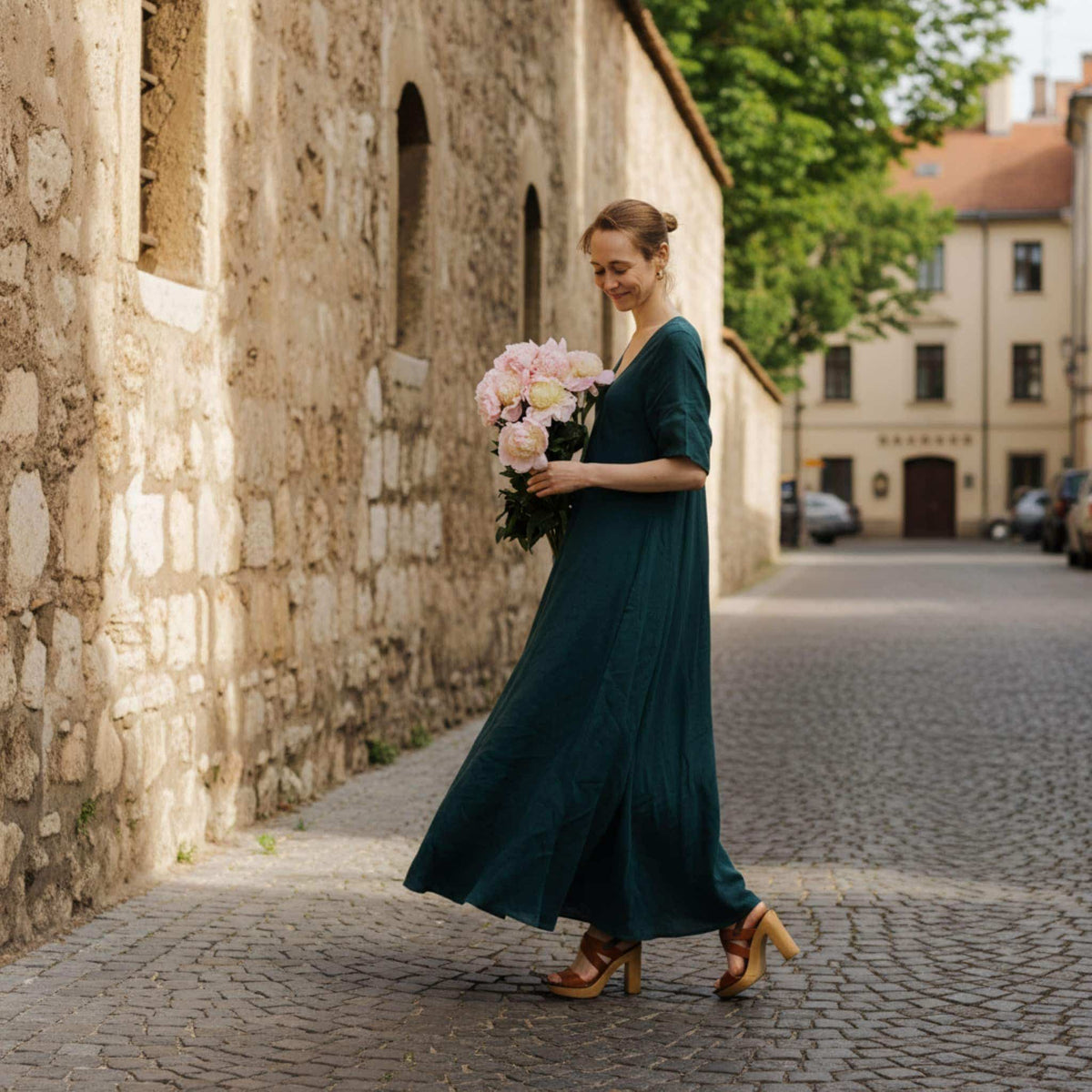 V Neck Linen Maxi Dress, Tie Waist Linen Maxi Dress