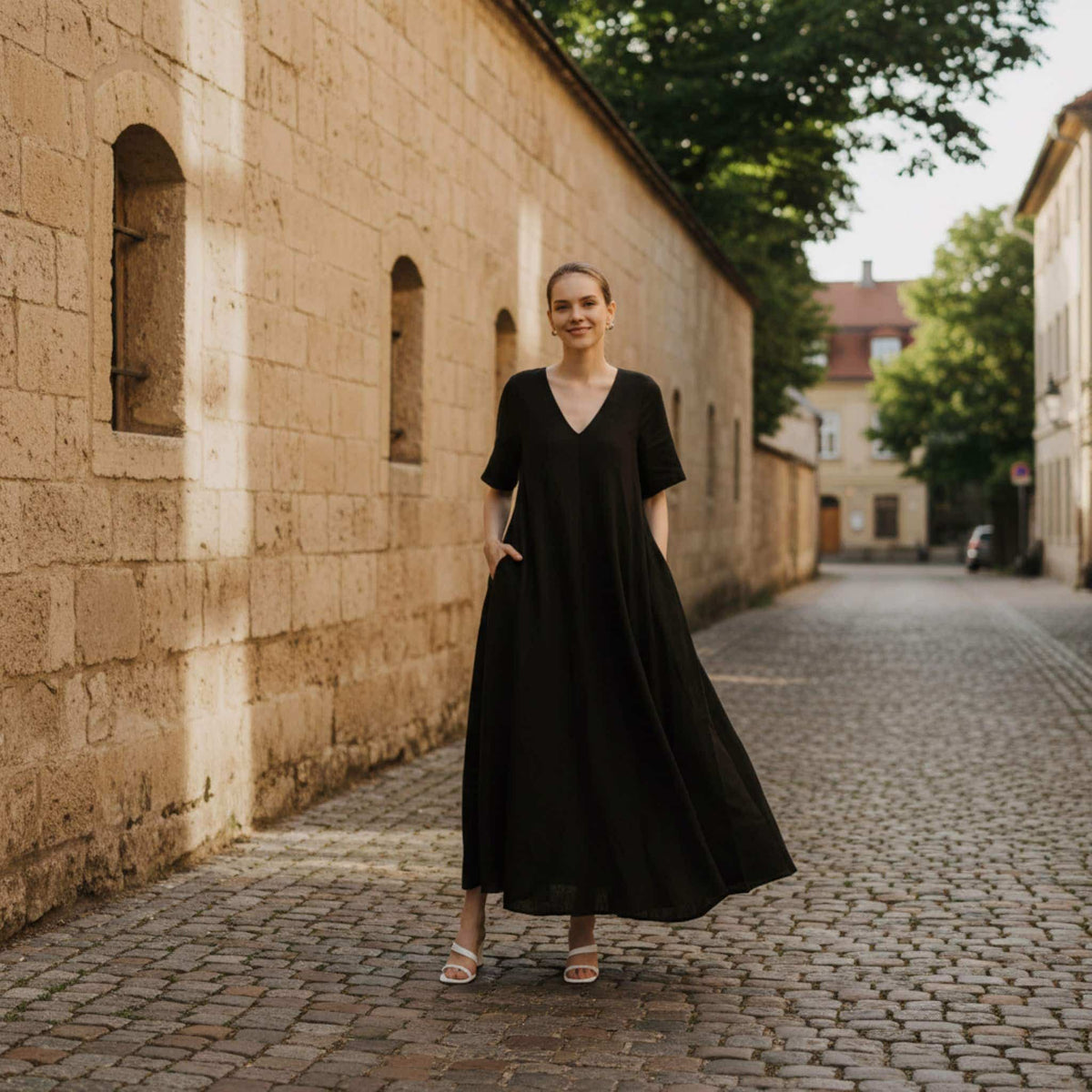 V Neck Linen Maxi Dress, Tie Waist Linen Maxi Dress