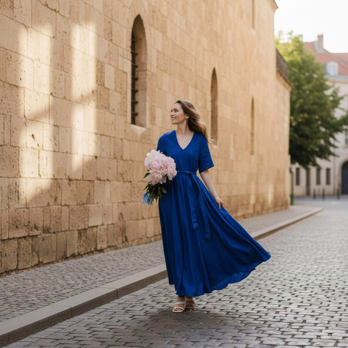 V Neck Linen Maxi Dress, Tie Waist Linen Maxi Dress