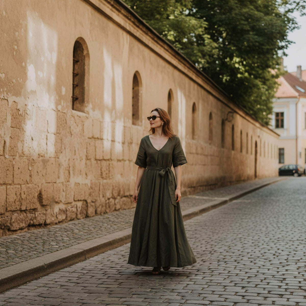 V Neck Linen Maxi Dress, Tie Waist Linen Maxi Dress