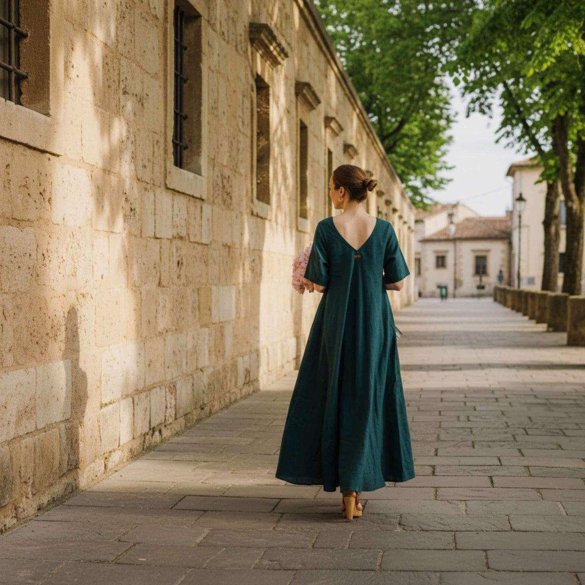 V Neck Linen Maxi Dress, Tie Waist Linen Maxi Dress