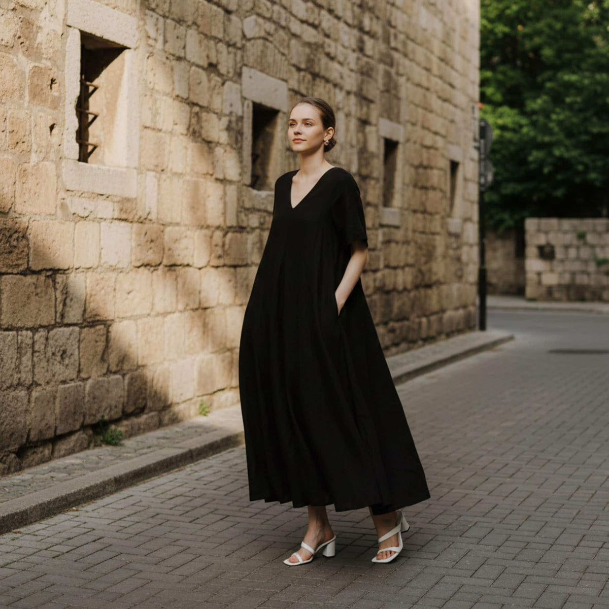 V Neck Linen Maxi Dress, Tie Waist Linen Maxi Dress