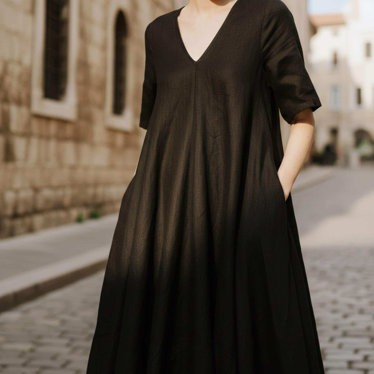 V Neck Linen Maxi Dress, Tie Waist Linen Maxi Dress